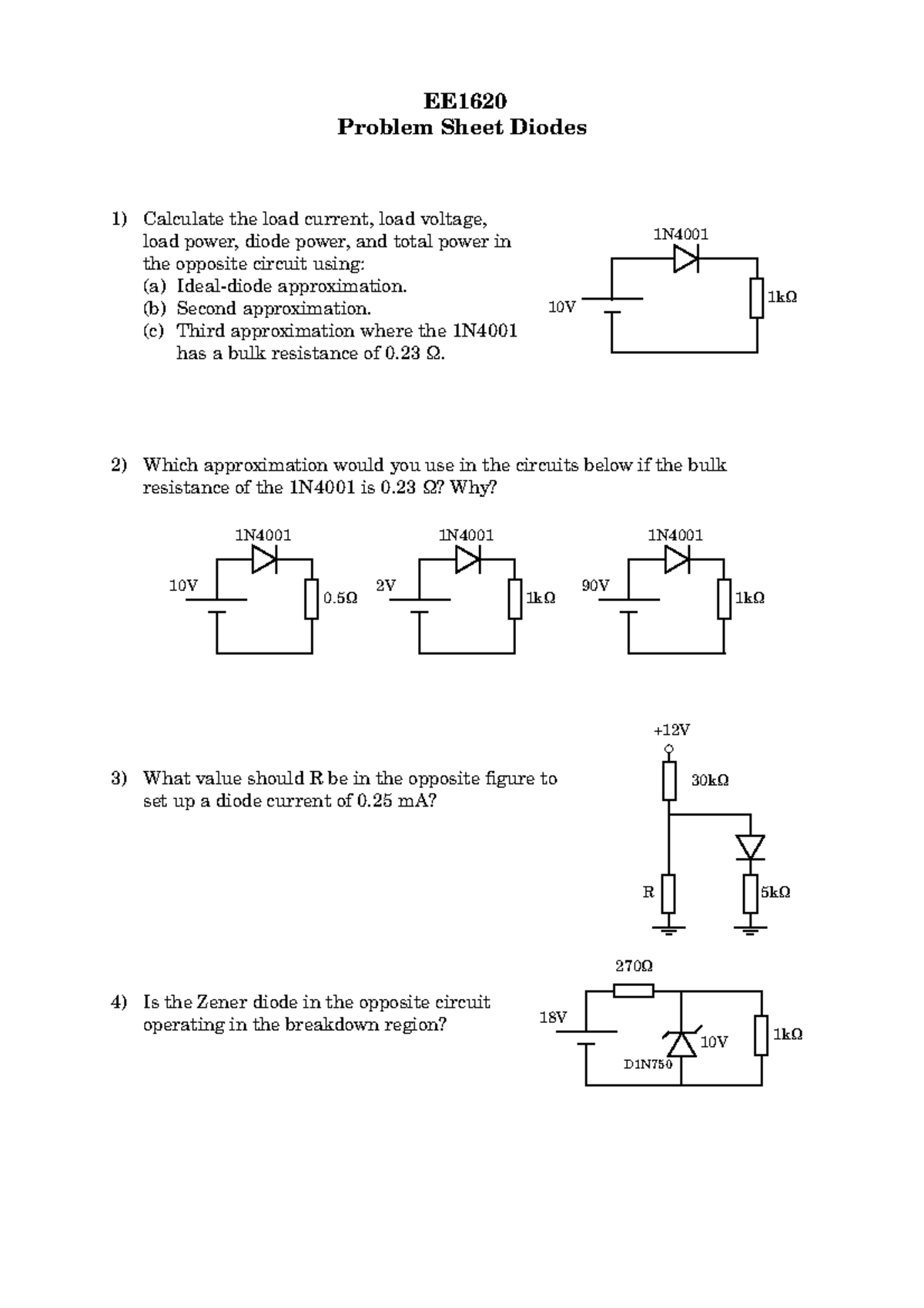 Problem Sheet Diodes WITH Answers Problem Sheet Diodes EE 1)Calculate
