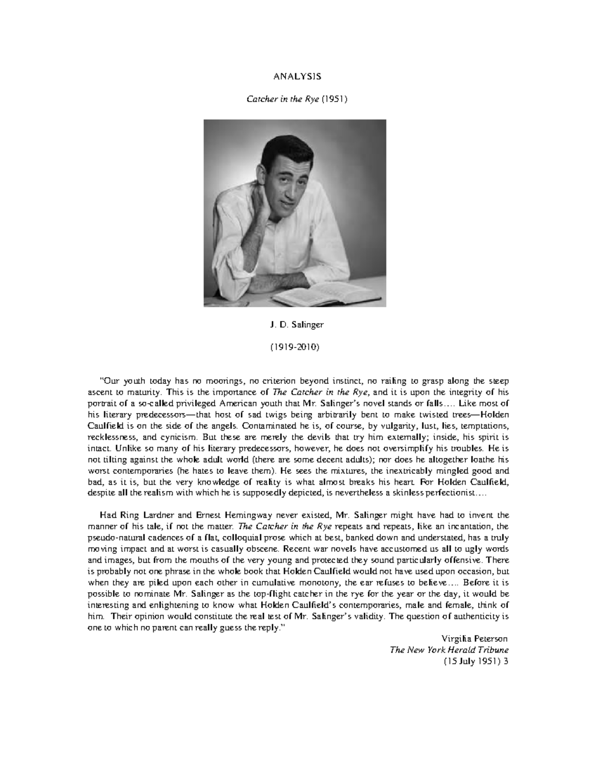 Analysis Salinger JD Catcher in the Rye 1951 analysis Analysis Salinger JD Catcher in the Rye 1951 analysis