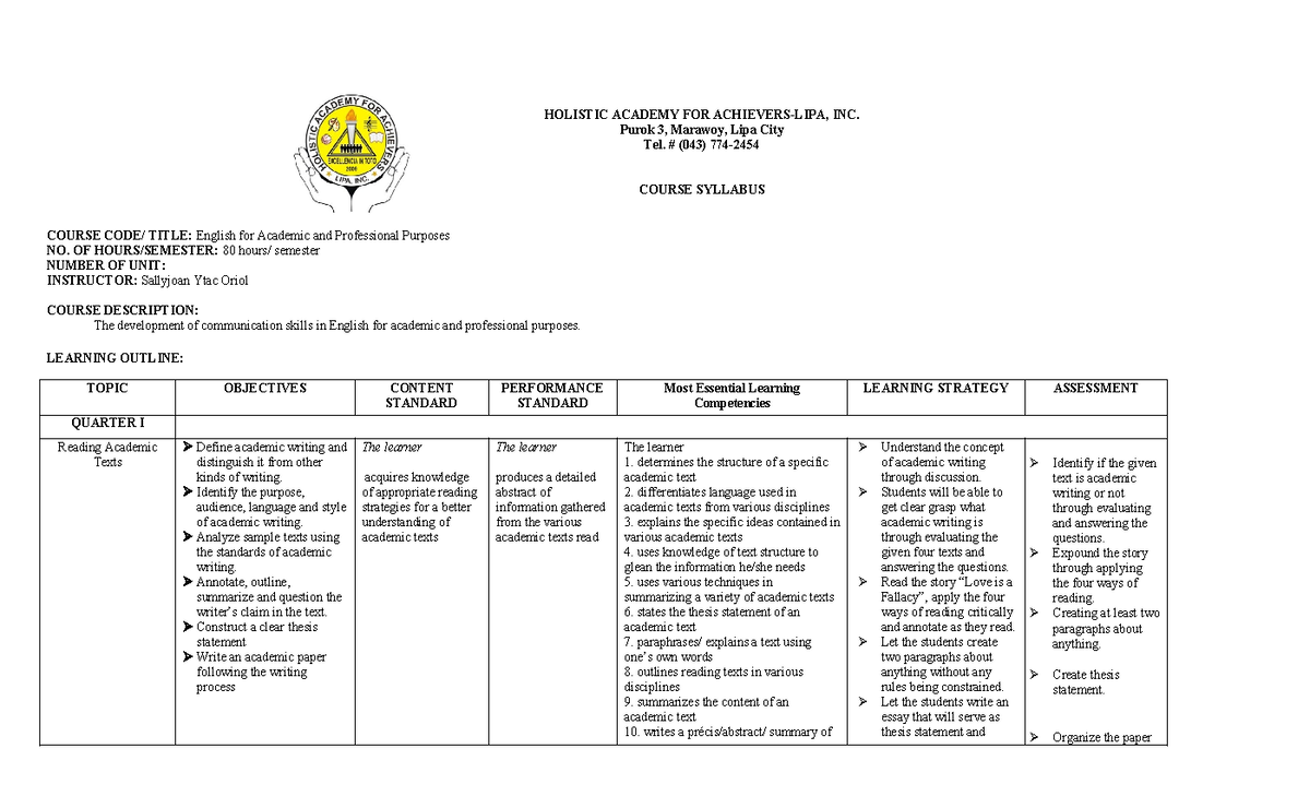 EAPP - That is syllabus for English for Academic and Professional ...