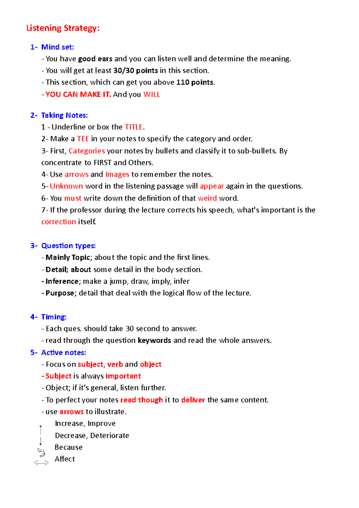 Lecture notes during the lecture taken in class - Listening Strategy: 1 ...