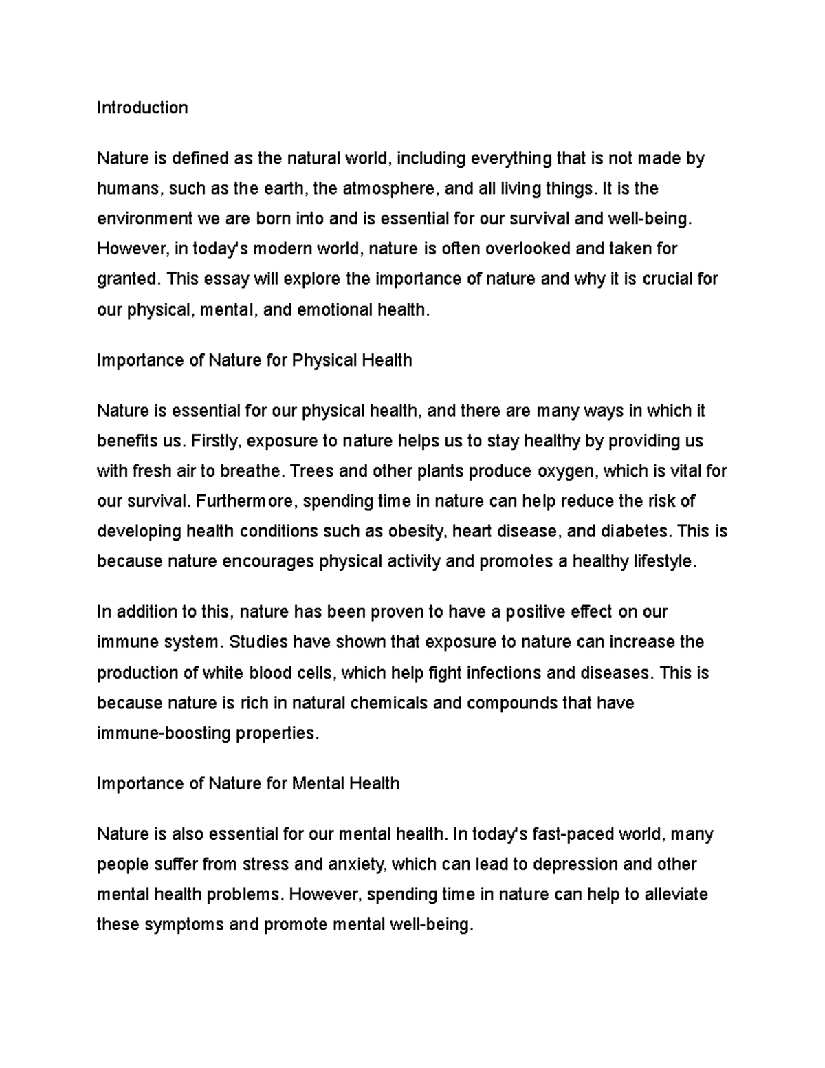 Studoc-2 - Class essay - Introduction Nature is defined as the natural ...