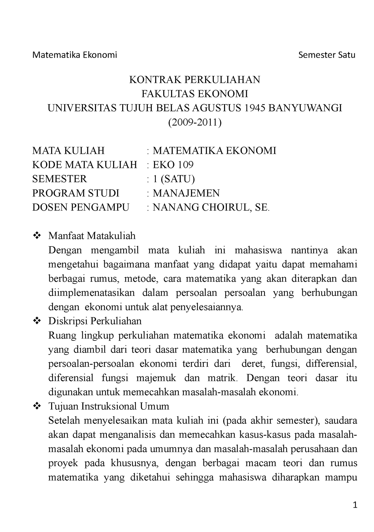 Catatan Matematika Ekonomi Kontrak Perkuliahan Fakultas Ekonomi