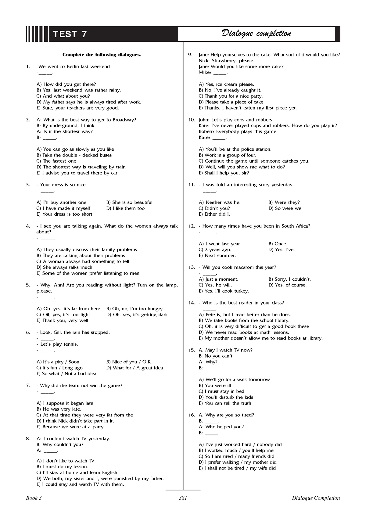 Dialogue Completion Test And Answer Key - Complete The Following ...