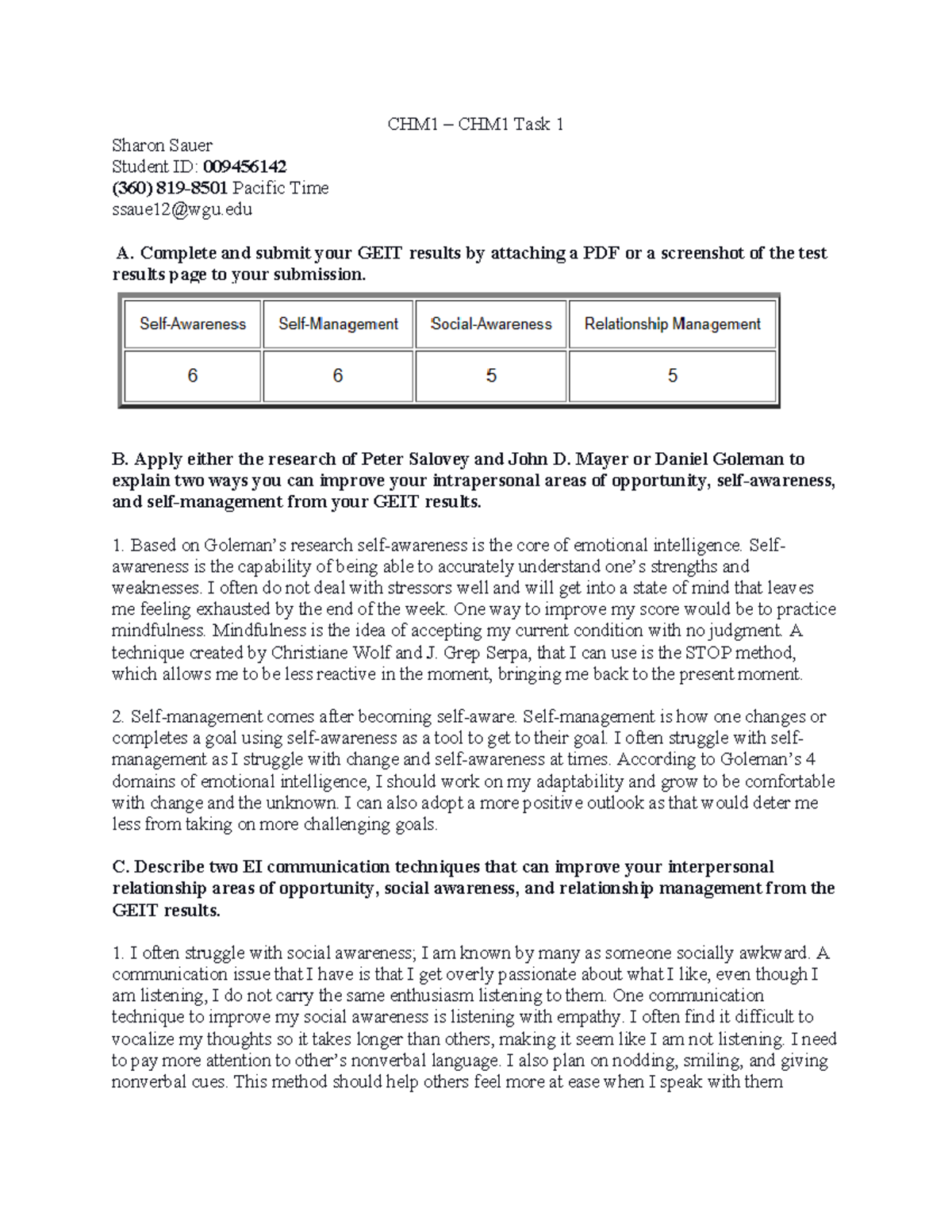 Emotional Intelligence Task 1 - CHM1 – CHM1 Task 1 Sharon Sauer Student ...