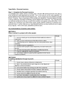 Belbin Team Roles Inventory - Team Skills - Personal Inventory Step 1 ...