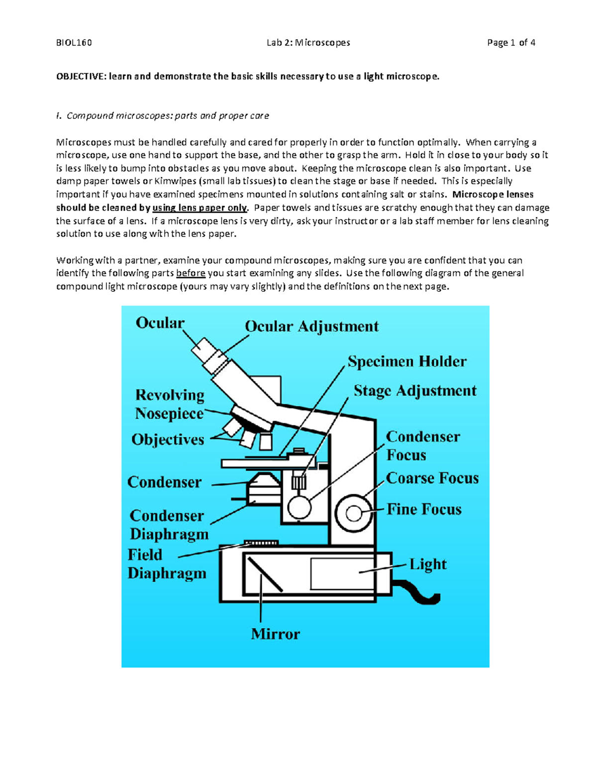LAB 02 Microscopes OBJECTIVE learn and demonstrate the basic skills