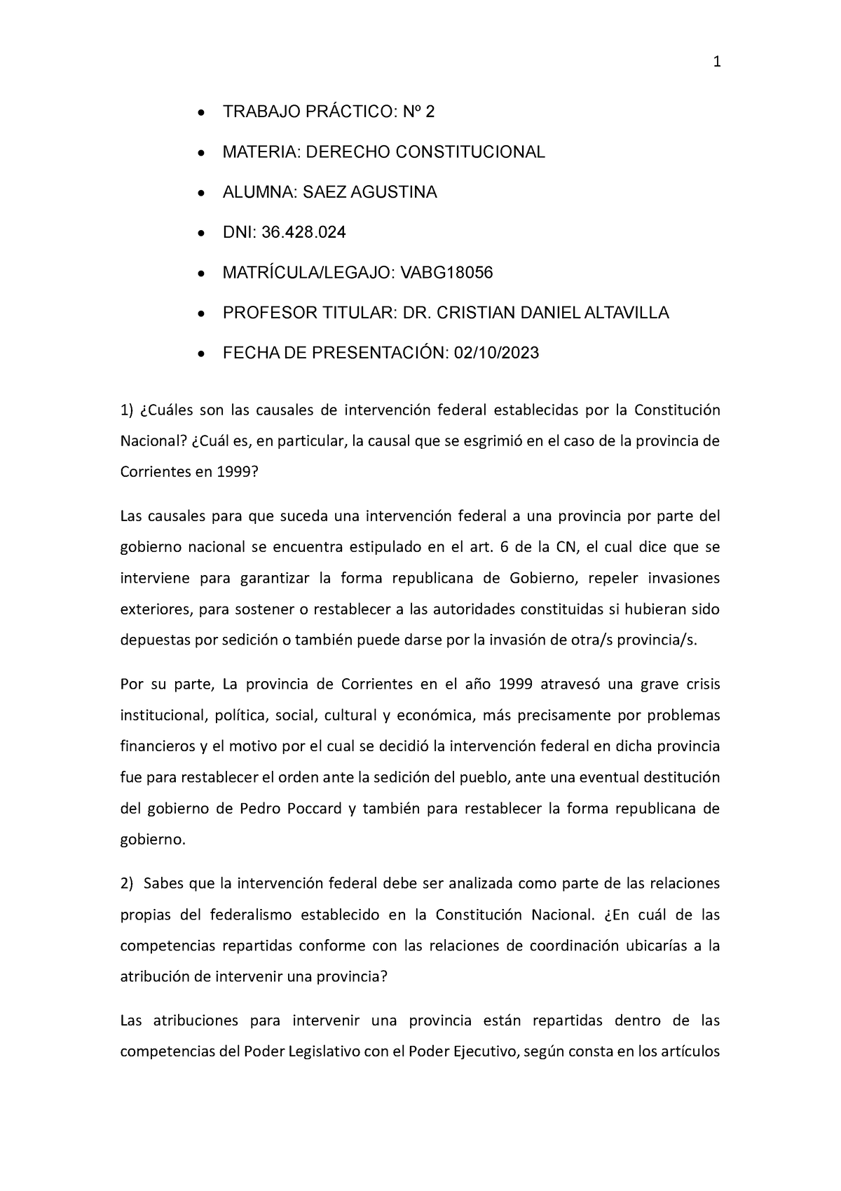 Derecho Constitucional TP 2 - 1 TRABAJO PRÁCTICO: Nº 2 MATERIA: DERECHO ...