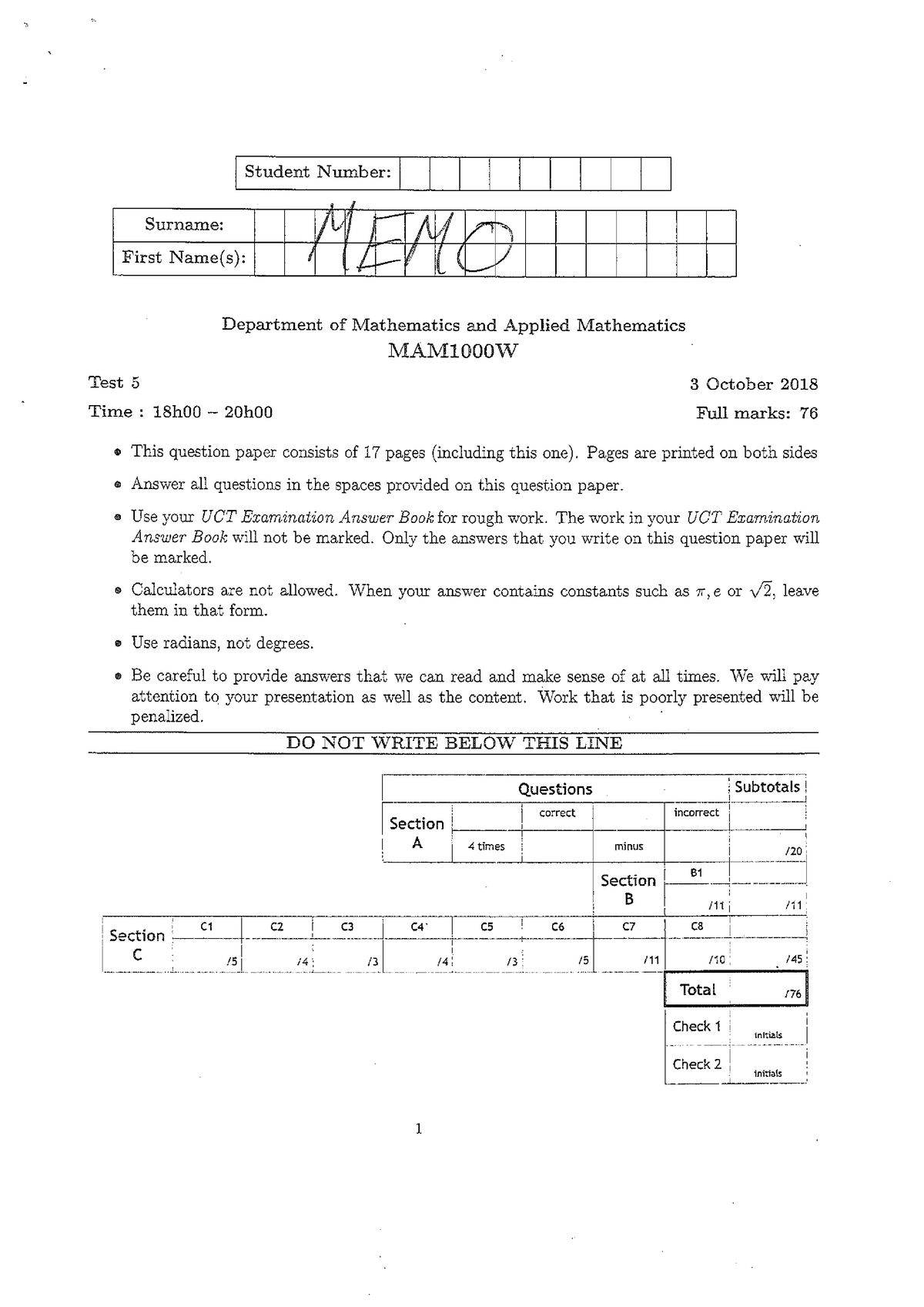 Test 5 2018 solution - Memo for 2018 Test 5 - MAM1000W - Studocu