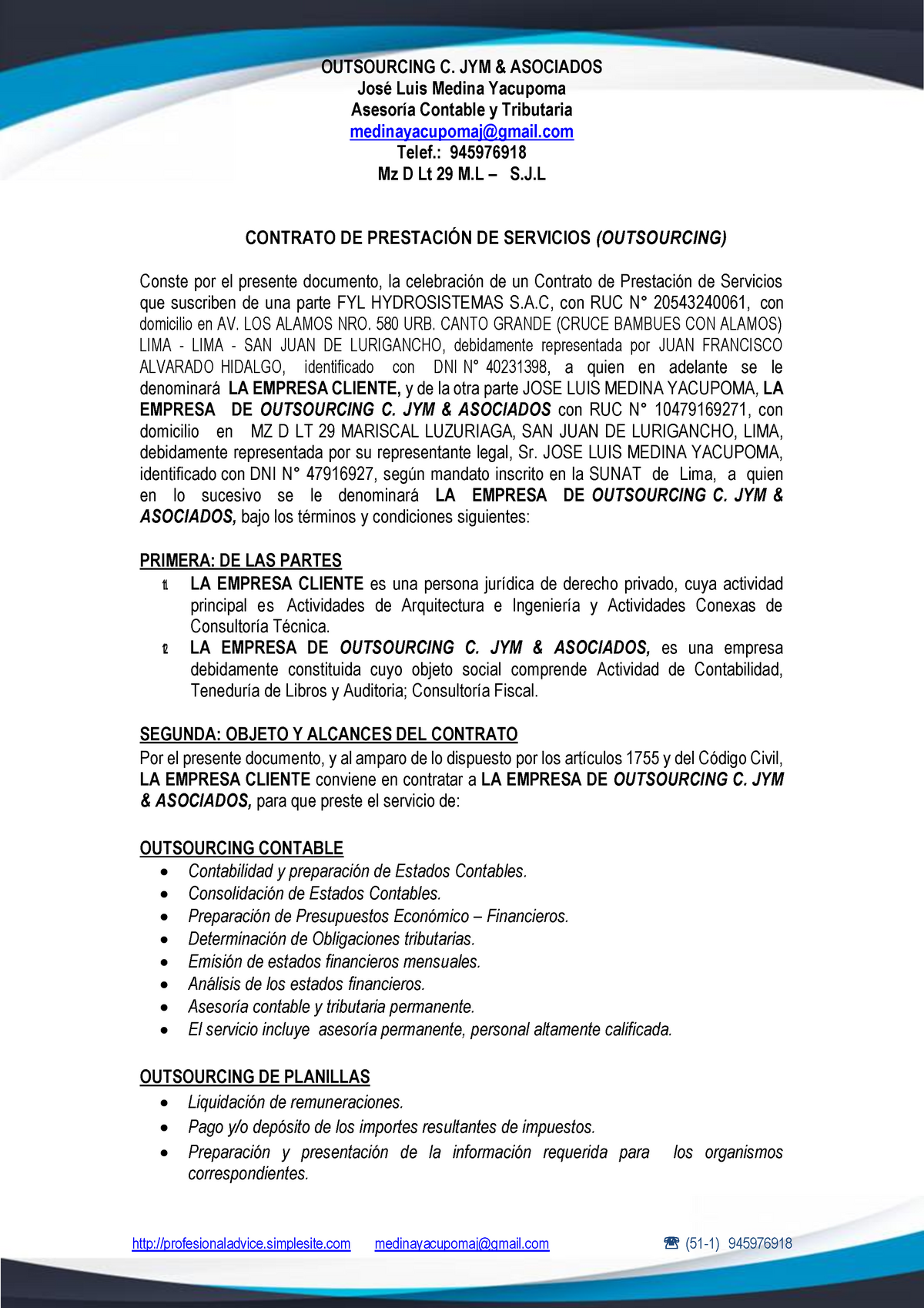Contrato Outsourcing Contable 2021 - José Luis Medina Yacupoma Asesoría  Contable y Tributaria - Studocu