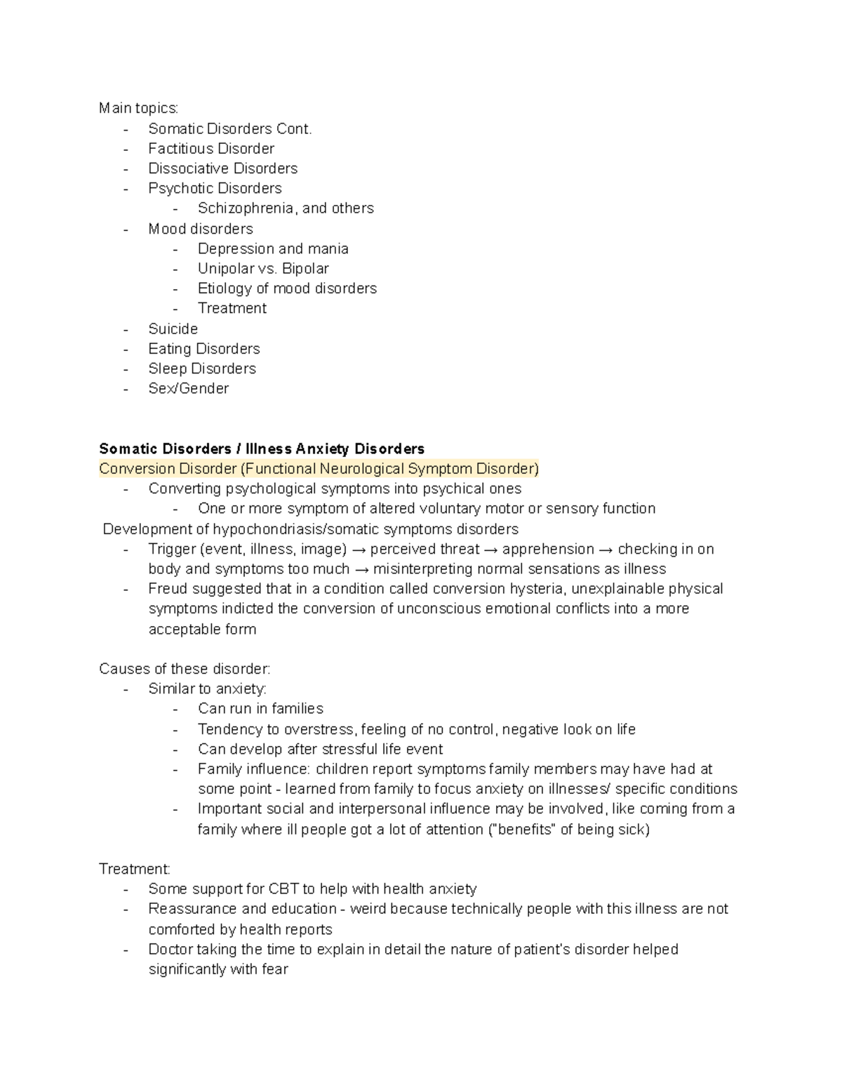 Abnormal Psych Exam 2 Study Guide - Main topics: - Somatic Disorders ...