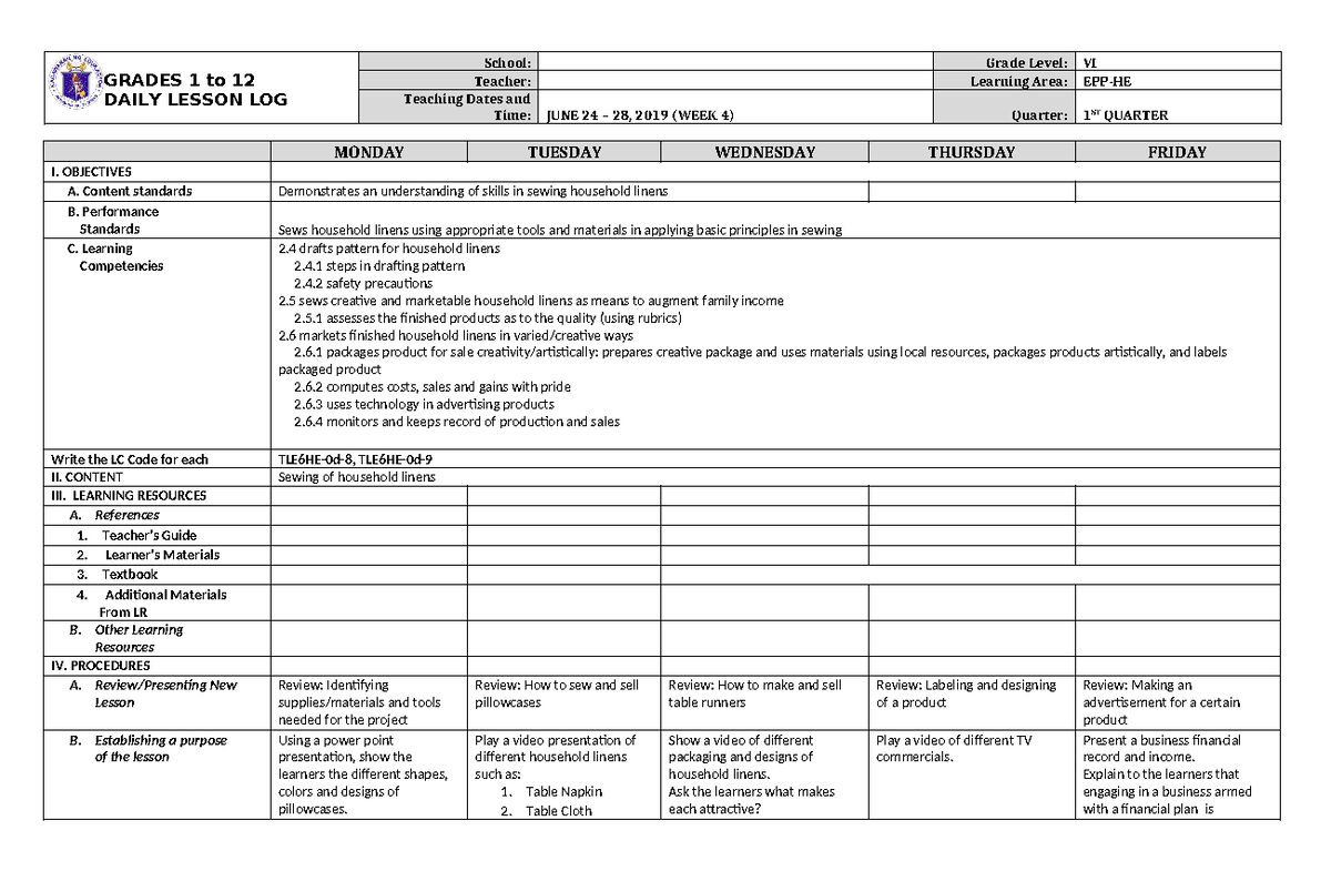 DLL EPP 6 Q1 W4 - FOR PRACTICE TEACHING - GRADES 1 To 12 DAILY LESSON ...