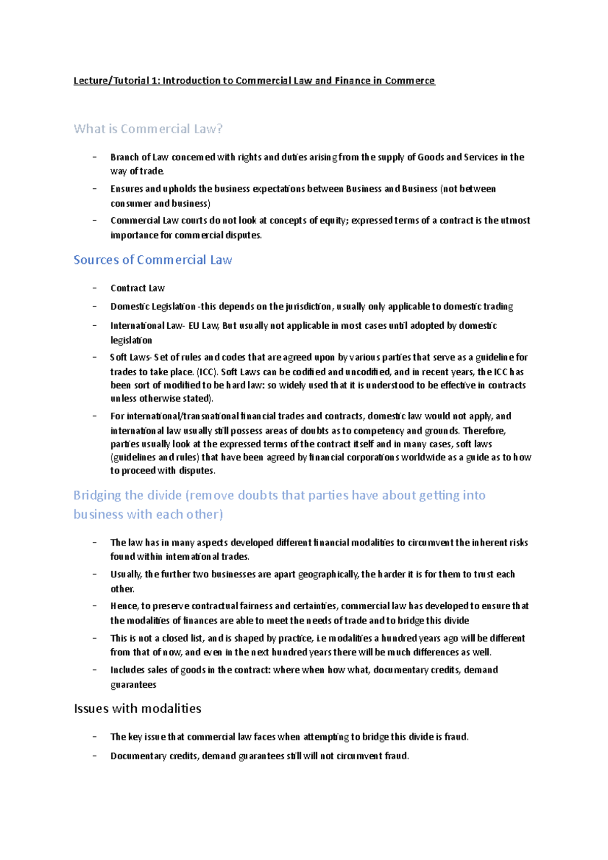 Commercial Law Tutorial 1 Notes - Lecture/Tutorial 1: Introduction To ...