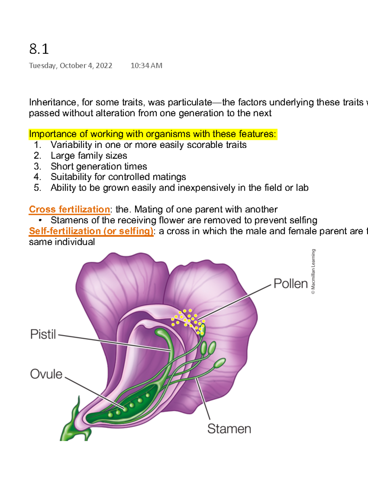 8 - Chapter 8.1 Reading notes - Inheritance, for some traits, was ...