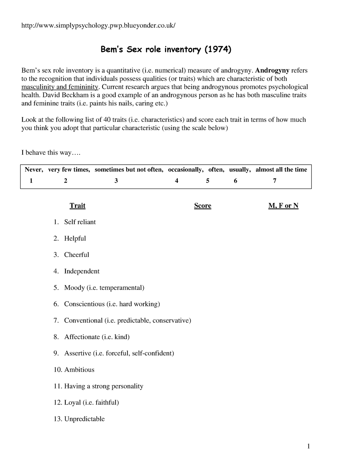 Bem Sex Role Inventory - Applied sexology for clinicien -  simplypsychology.pwp.blueyonder.co/ Bemís - Studocu