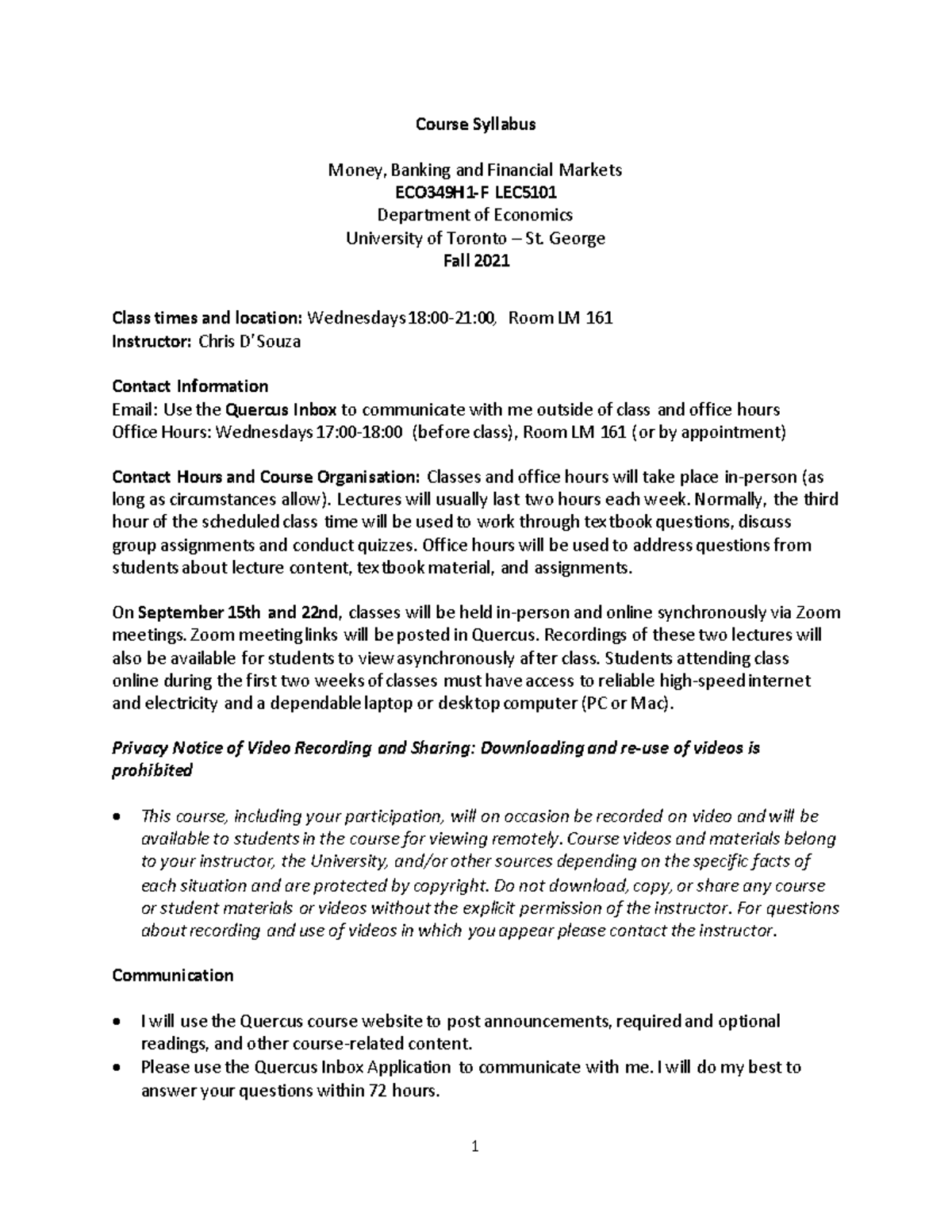 ECO349H1 Money Banking and financial markets Course Syllabus Money