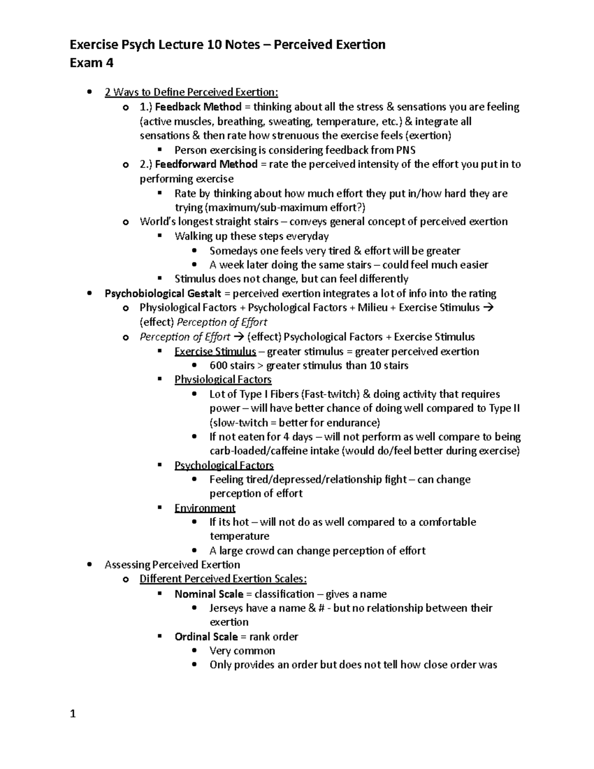 Lecture 10 Notes (Perceived Exertion) - Exam 4 2 Ways to Define ...