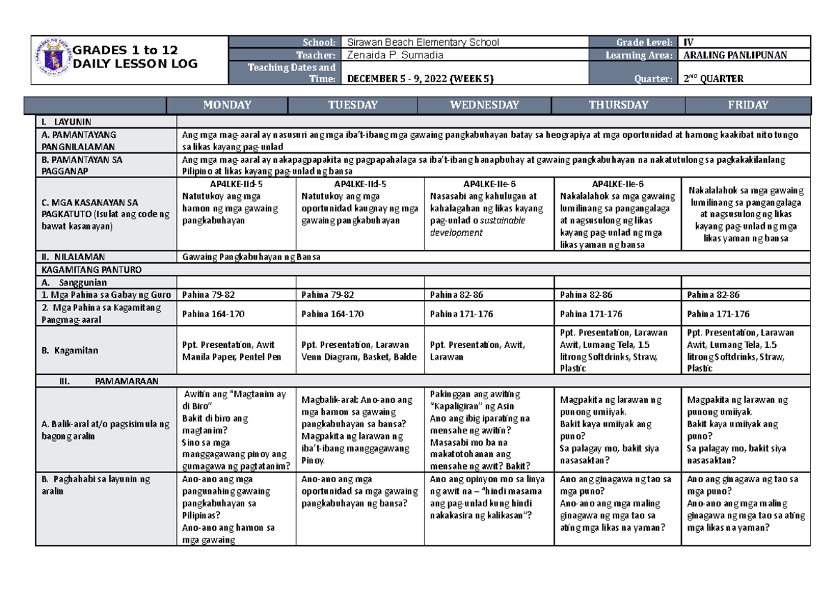 Dll Araling Panlipunan 4 Q2 W5 Grades 1 To 12 Daily Lesson Log School Sirawan Beach 3814