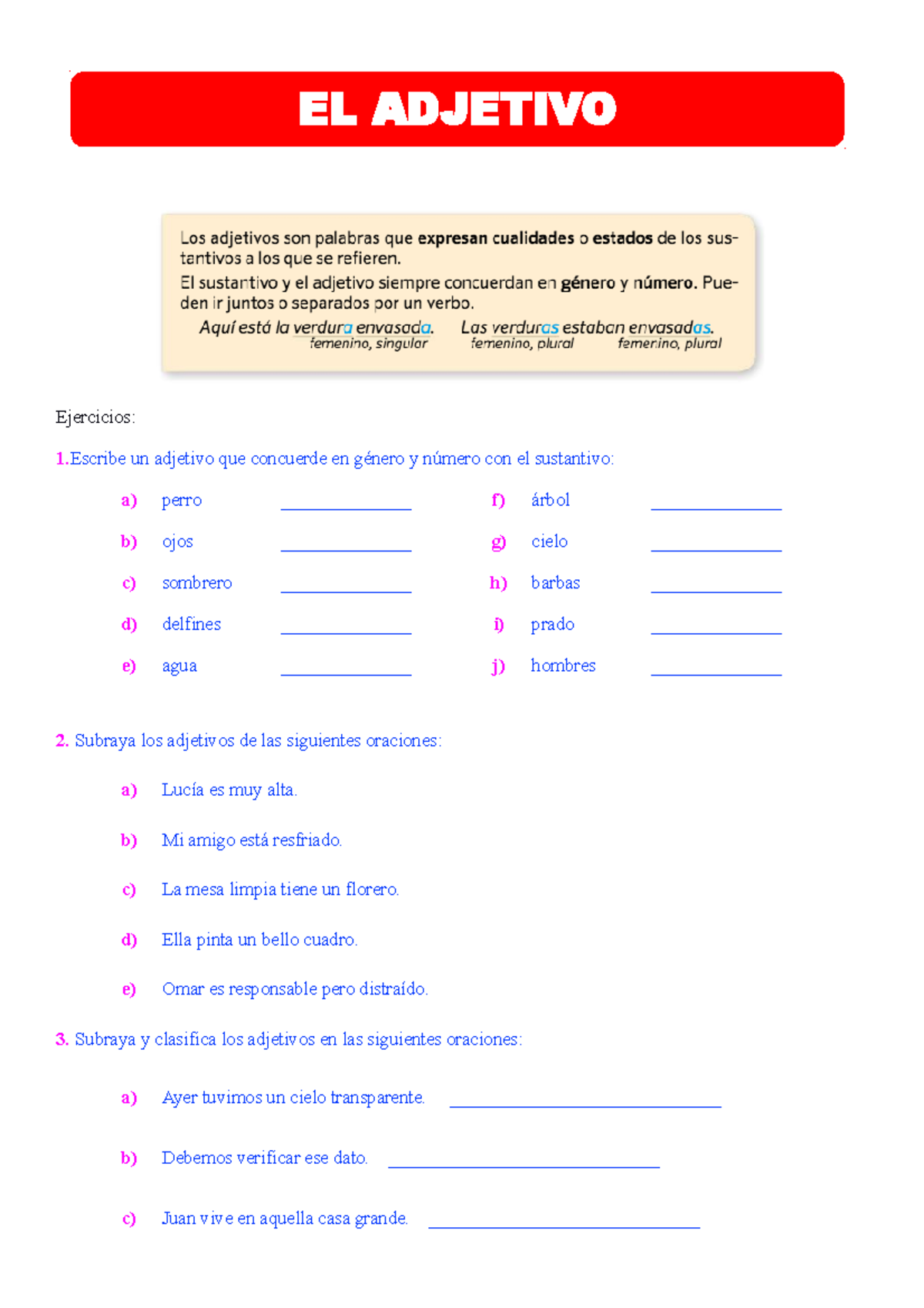 El Adjetivo 6o Apuntes Ejercicios 1 Un Adjetivo Que Concuerde En Género Y Número Con El 3499