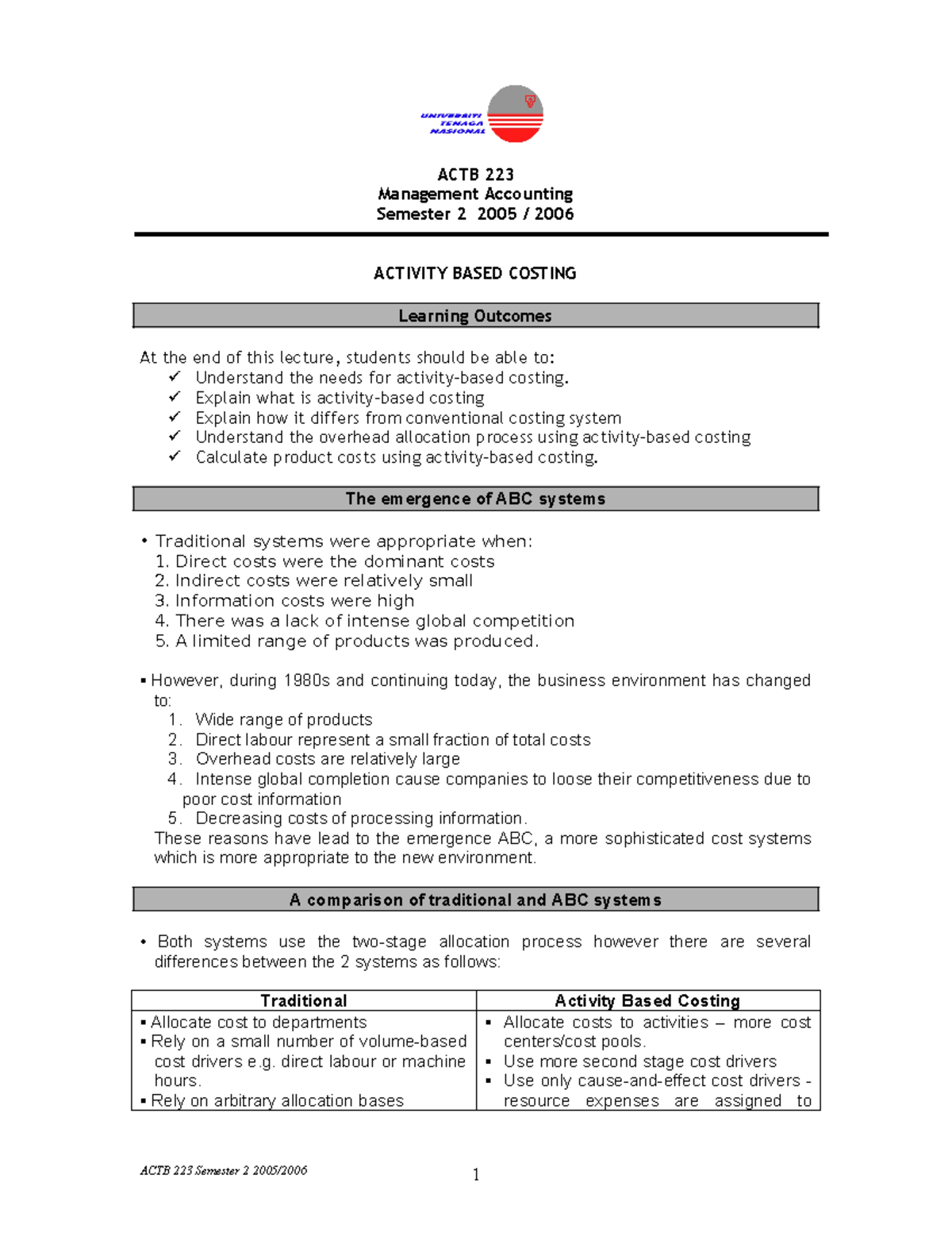 ABC students - ACTB 223 Management Accounting Semester 2 2005 / 2006 ...