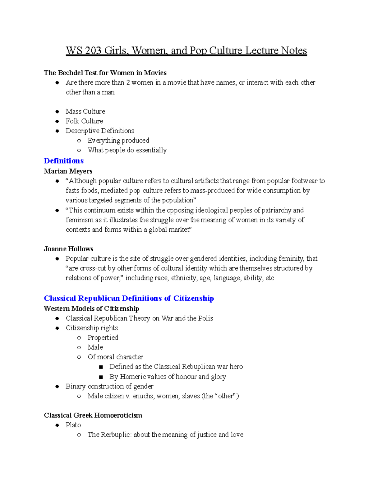 WS 203 Lecture Notes (1-4) - WS 203 Girls, Women, and Pop Culture ...