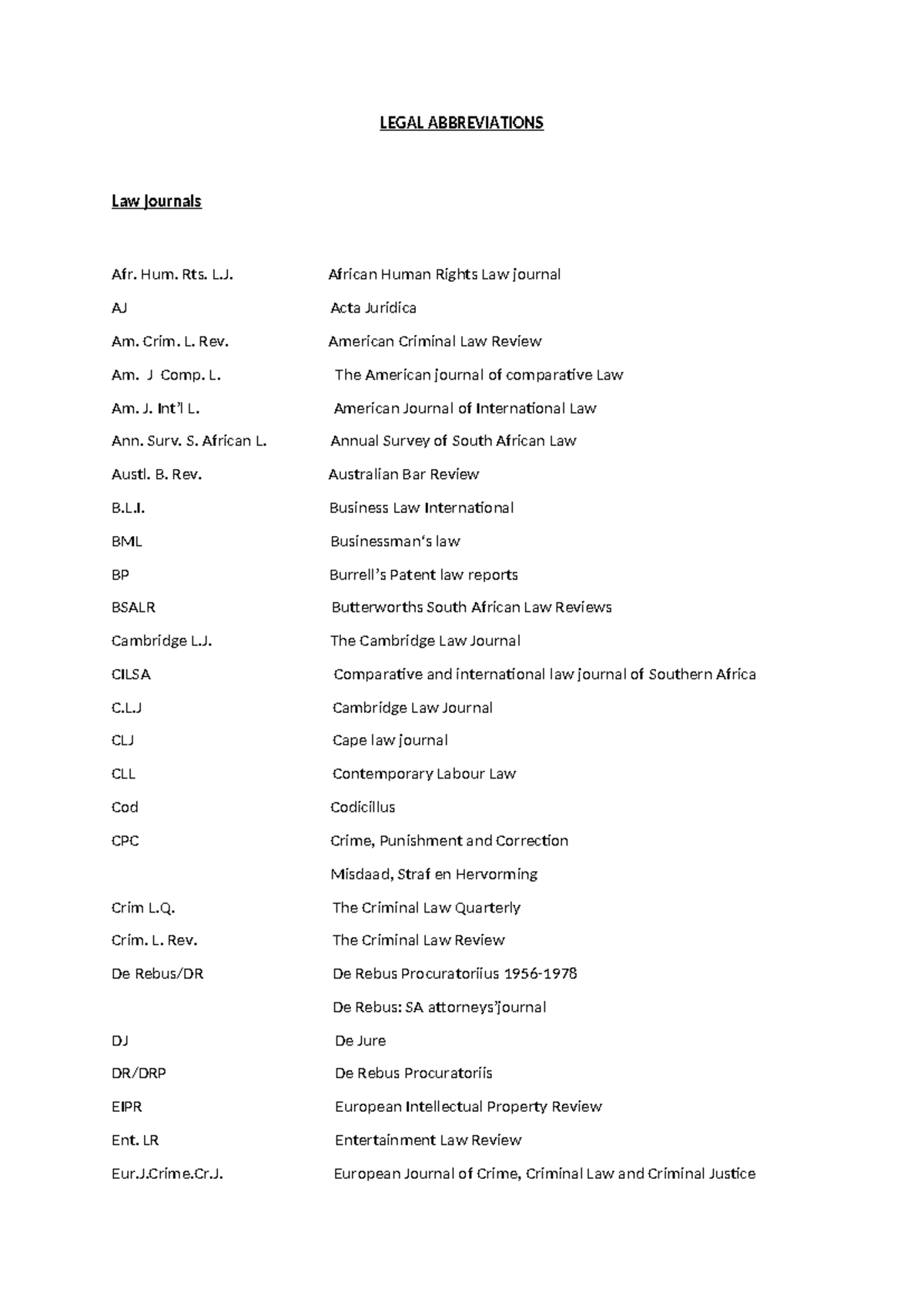Legal-Abbreviations - Prep Notes - LEGAL ABBREVIATIONS Law journals Afr ...
