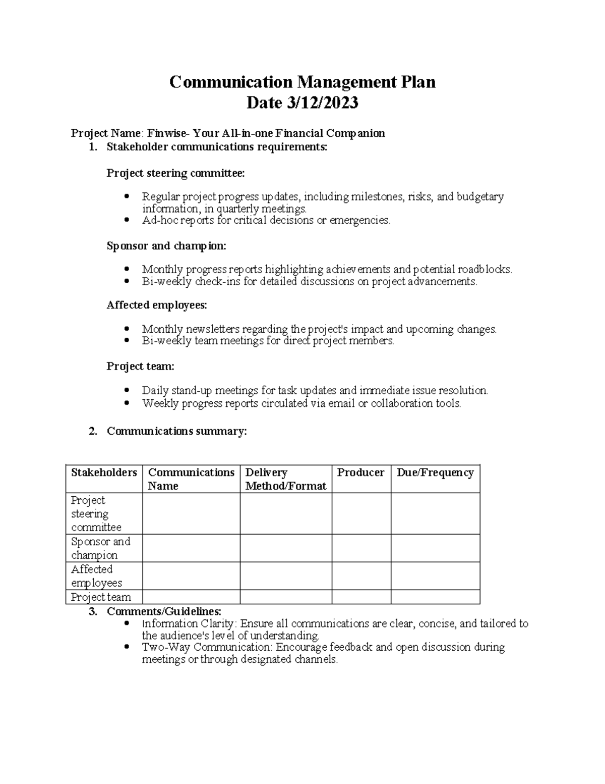 Communication management plan - Communication Management Plan Date 3/12 ...