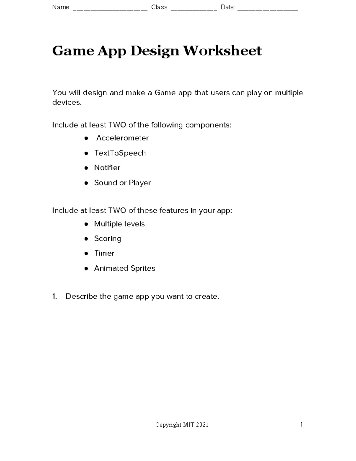 Game App Design Worksheet - Include at least TWO of the following ...
