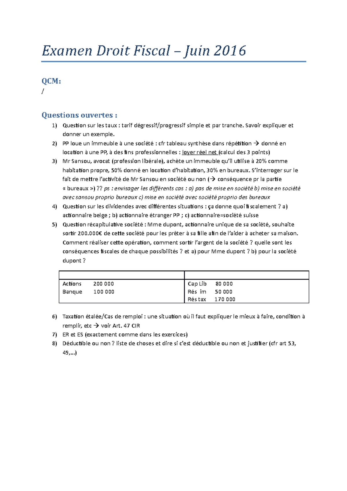 Examen Droit Fiscal juin 2016 Examen Droit Fiscal Juin 2016 QCM / Questions ouvertes