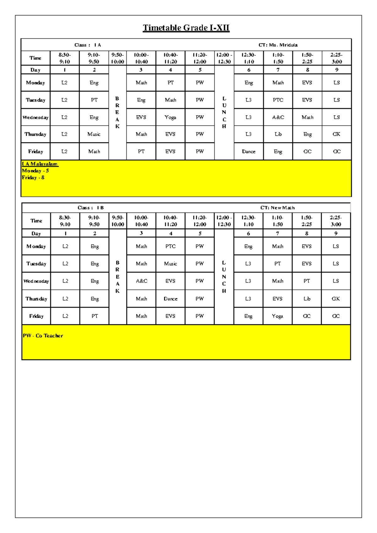 Grade I-XII Apr16 - Timetable Grade I-XII Time 8:30- 9: 9:10- 9: 9:50 ...