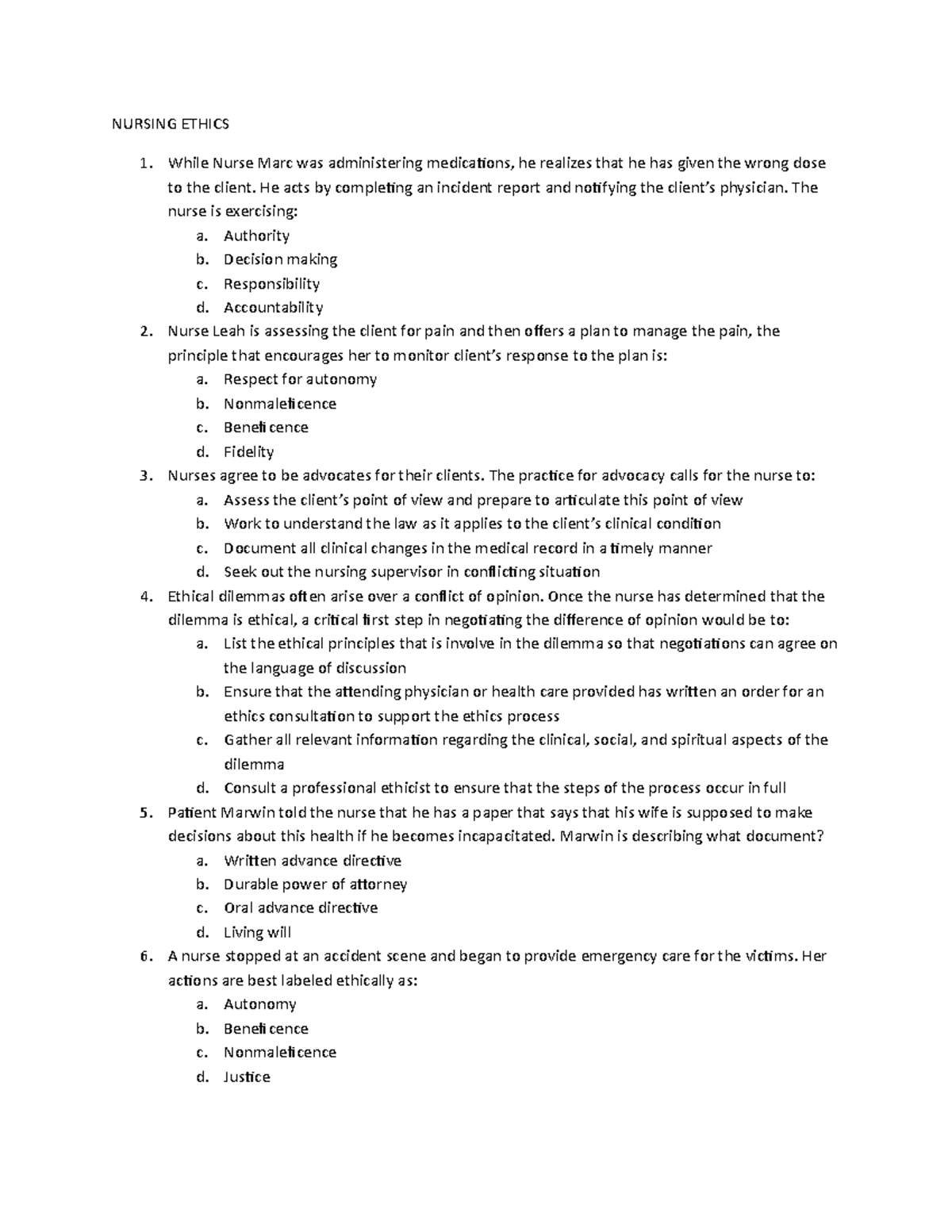 Nursing Ethics Questionnaire NURSING ETHICS While Nurse Marc was