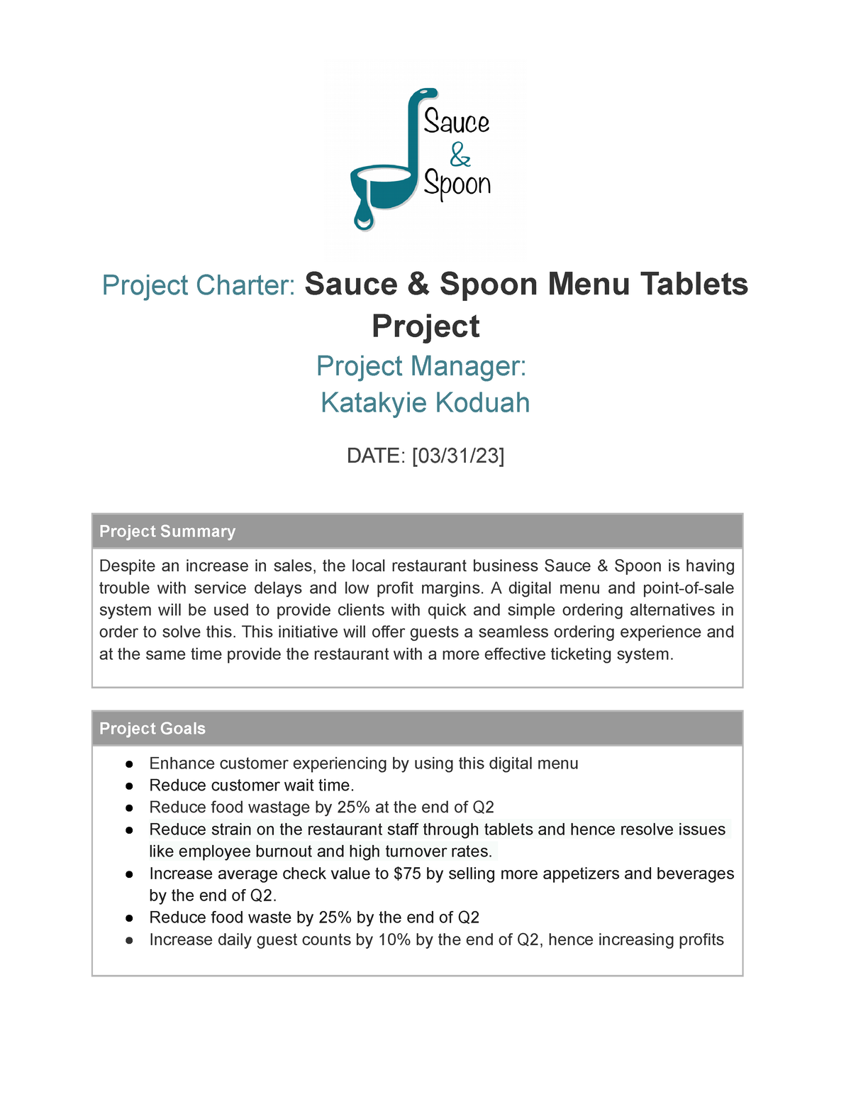 Project Charter Katakyie Project Charter Sauce & Spoon Menu Tablets