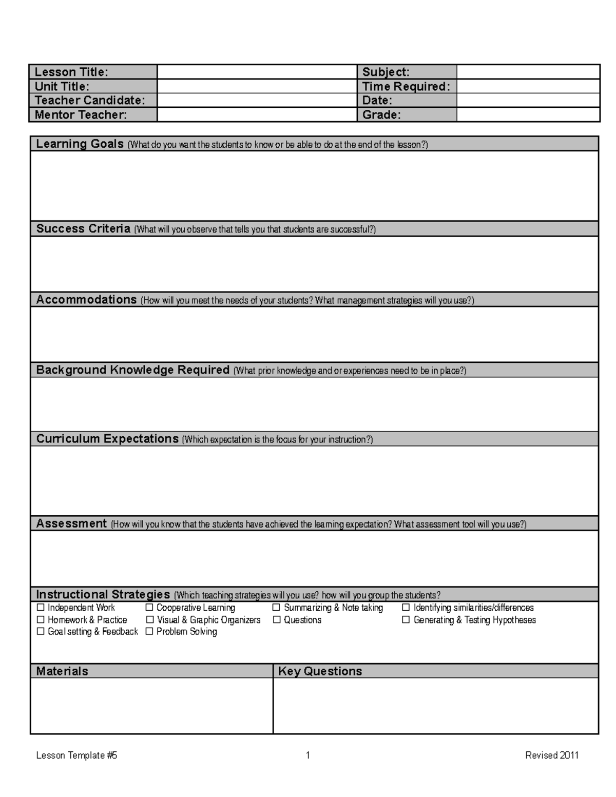 Lesson Template 5 - Lesson Title: Unit Title: Teacher Candidate: Mentor ...