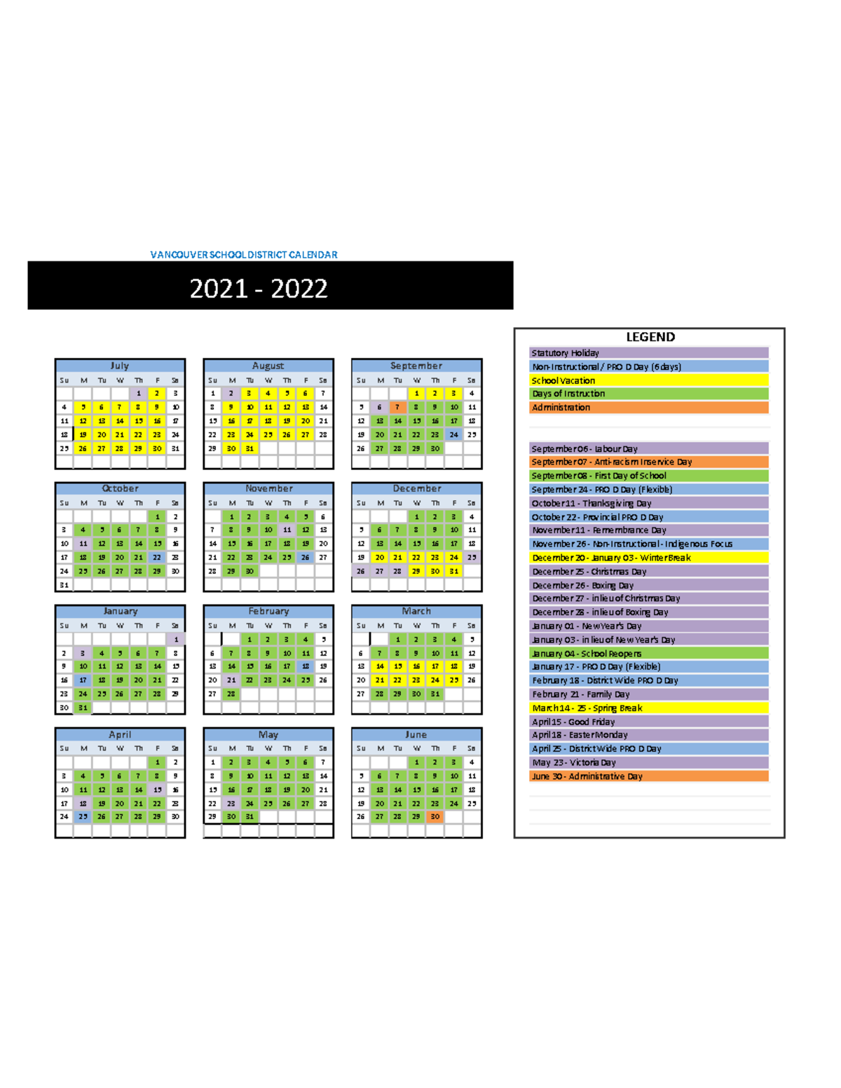 Compact Calendar 20212022 VANCOUVER SCHOOL DISTRICT CALENDAR 2021