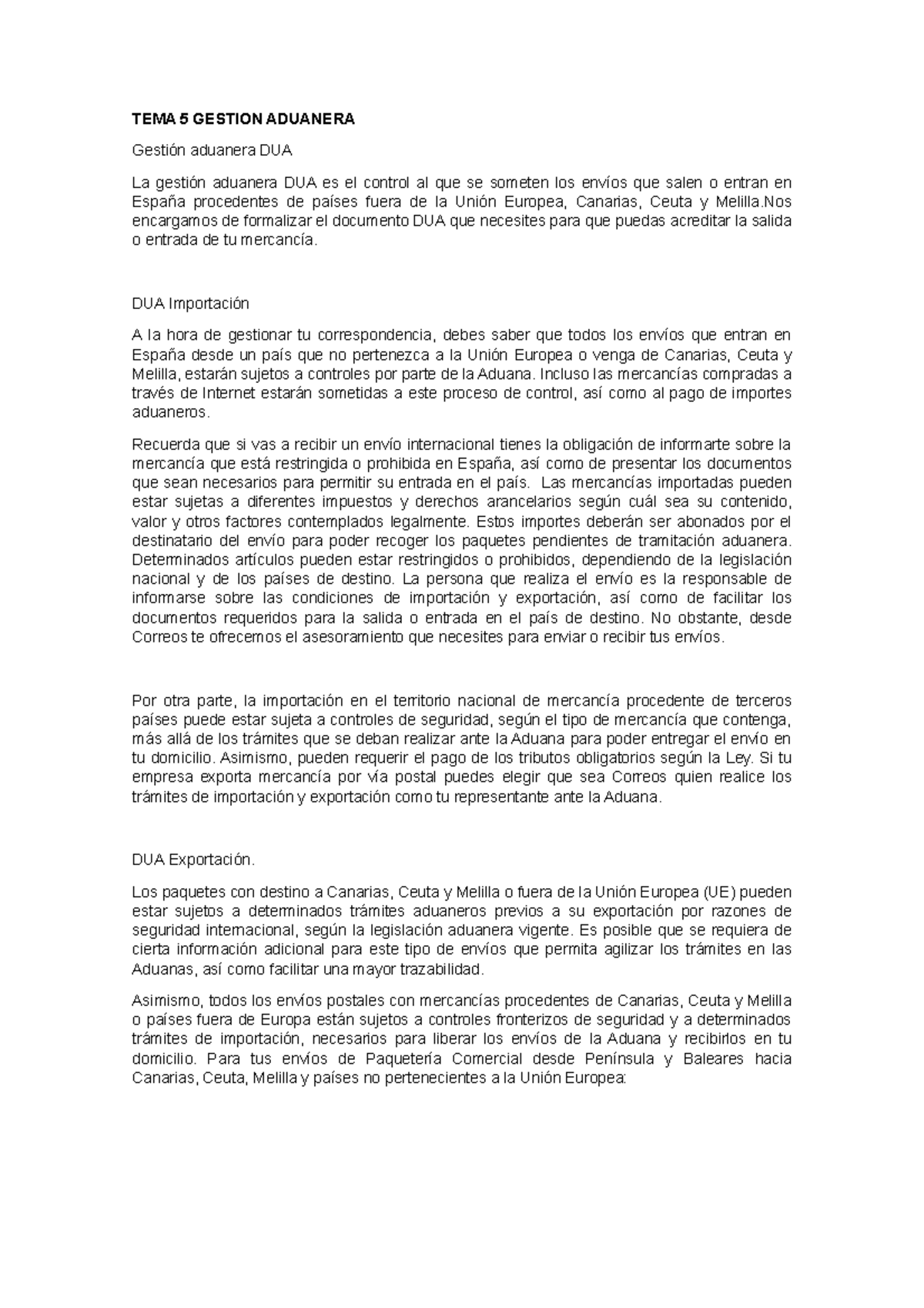 TEMA 5 Gestion Aduanera - TEMA 5 GESTION ADUANERA Gestión Aduanera DUA ...