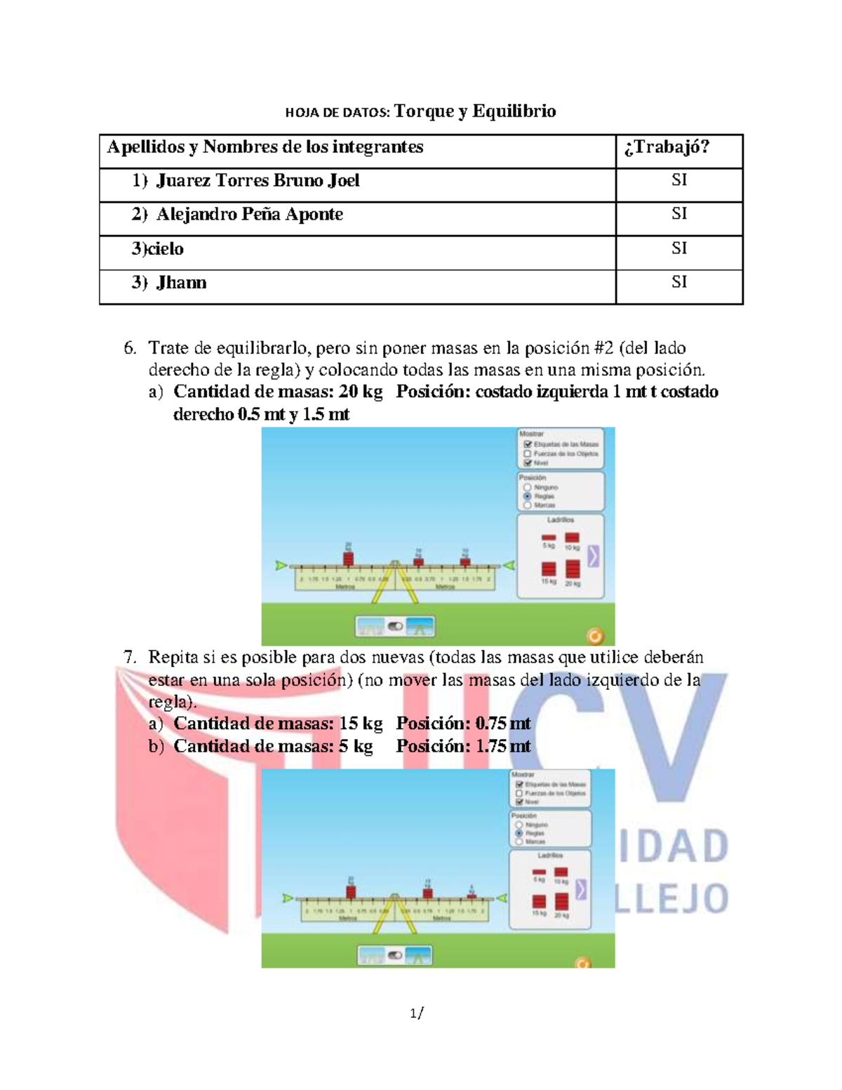 S03 - Lab Torque y Equilibrio - 1 / HOJA DE DATOS: Torque y Equilibrio ...