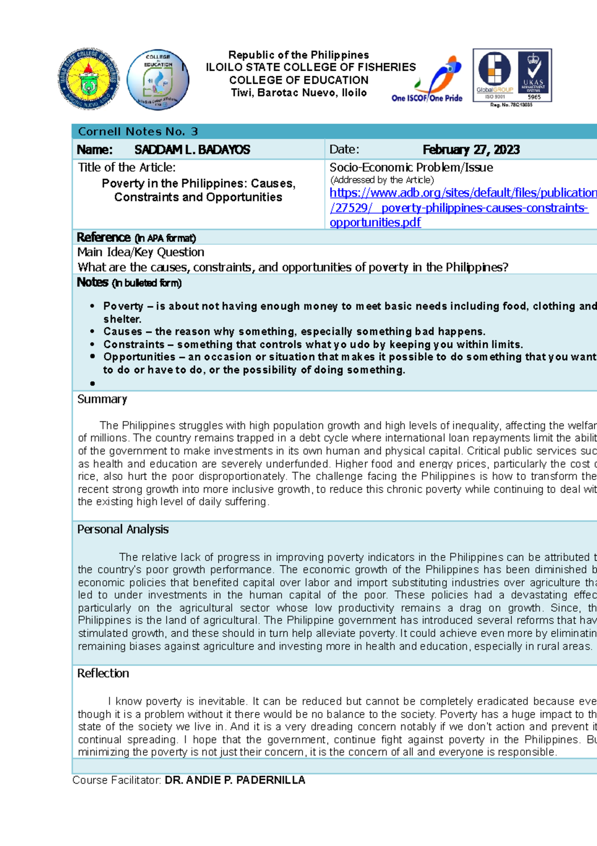 Cornell Notes Template - Republic of the Philippines I ILOILO STATE ...