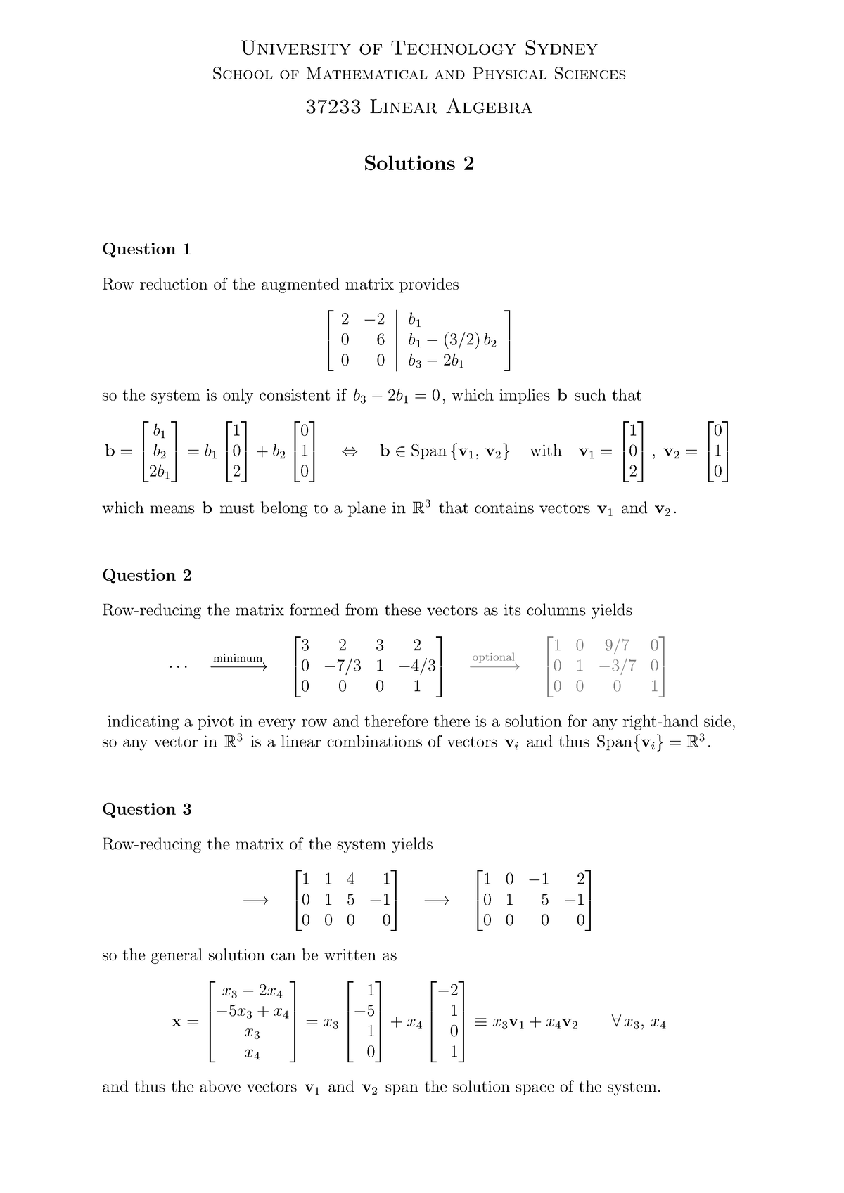 Exercise 2 Solutions Linear Algebra 2022 - University Of Technology ...