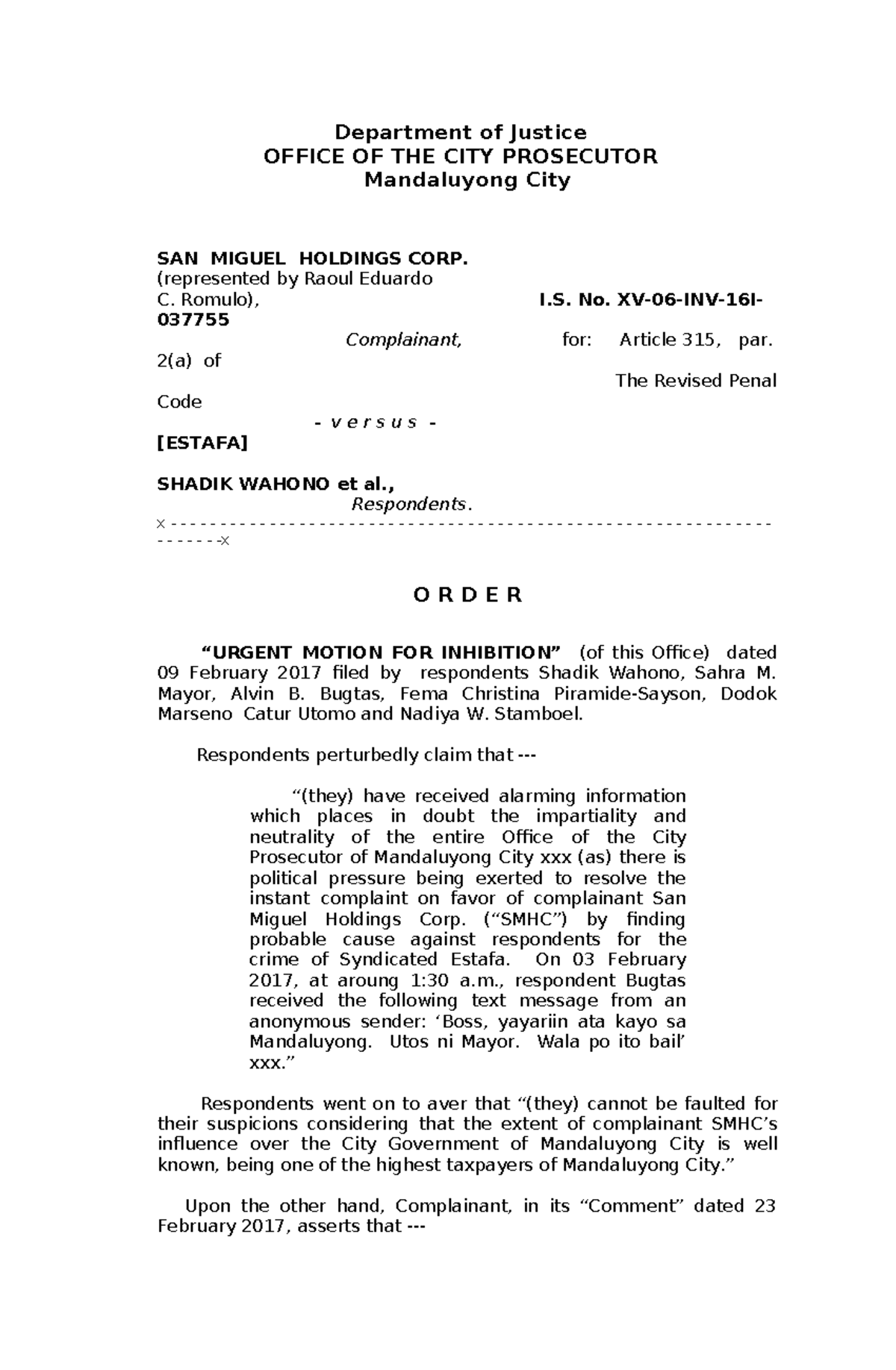 Inhibit - additional information - Department of Justice OFFICE OF THE ...