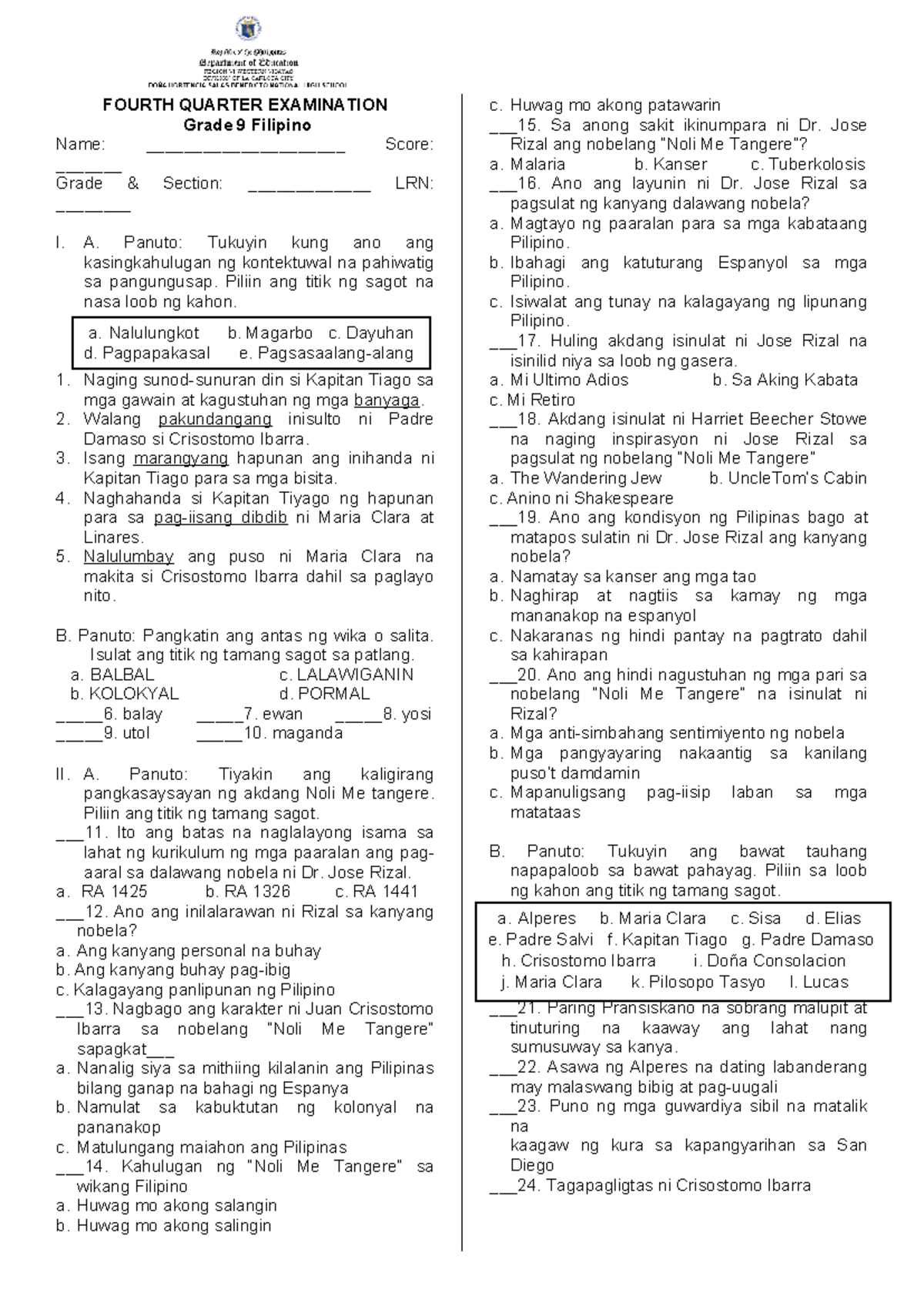 EXAM F9 Q4 SY 2022 2023 - None - FOURTH QUARTER EXAMINATION Grade 9 ...