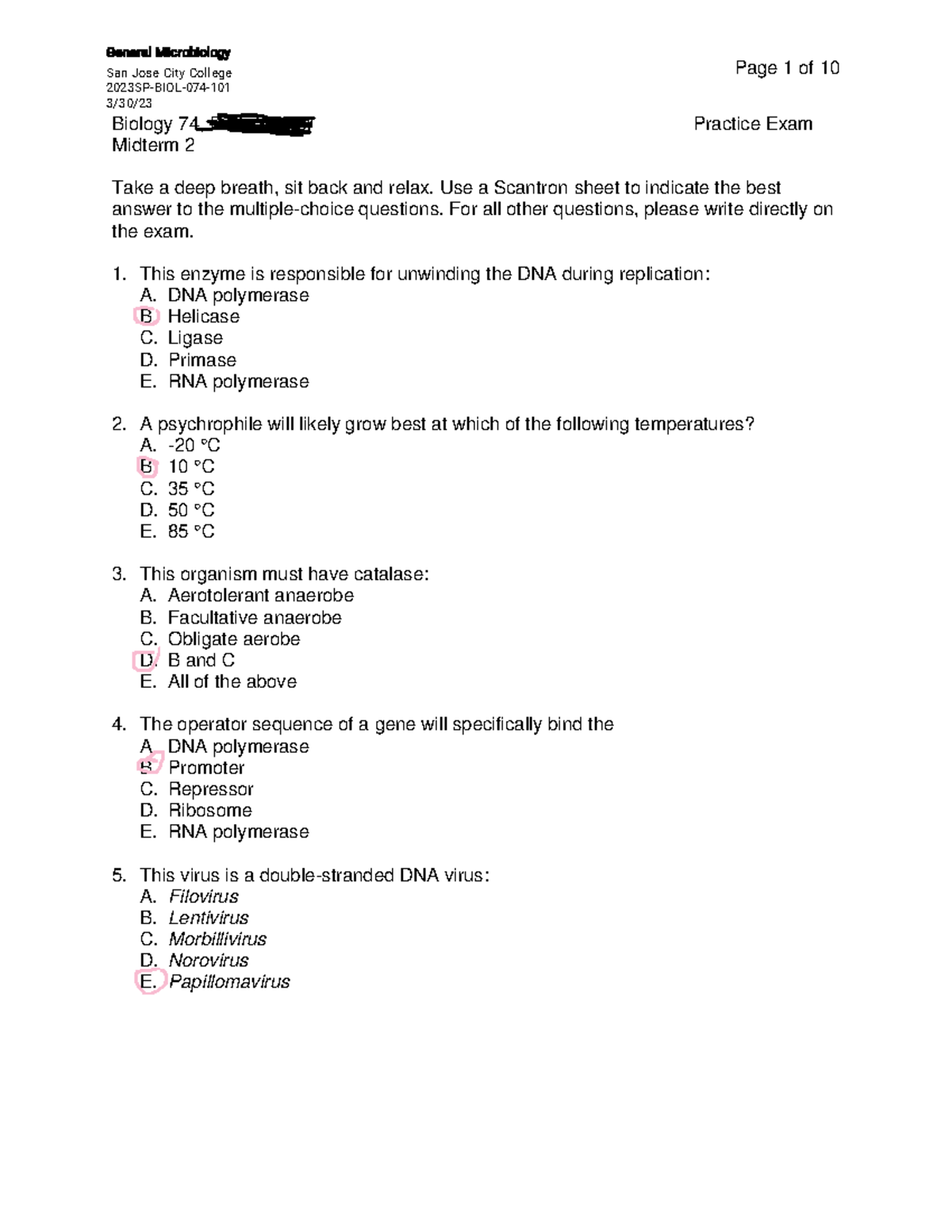 General Microbiology 074 74 Multiple Choice Practice Exam 2 Biology