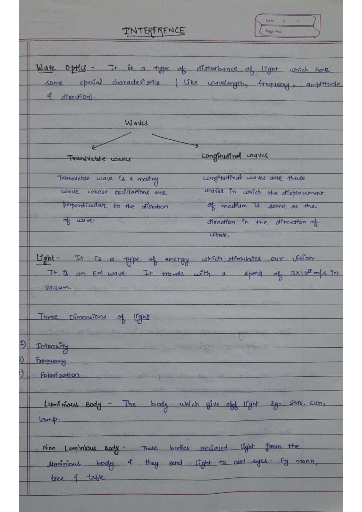 Interfrence - intefrence notes - Date INTERFRENCE Page No. Wave optics ...