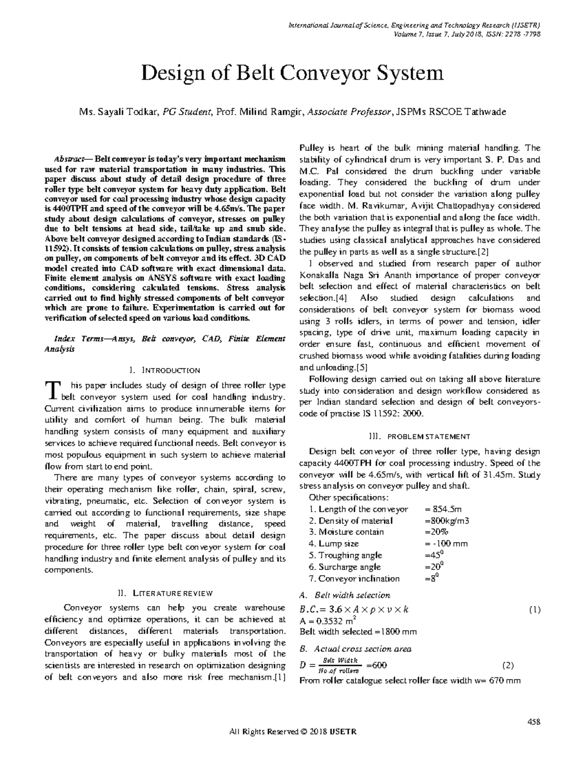 Design of Belt Conveyor System - Volume 7, Issue 7, July 2018, ISSN ...