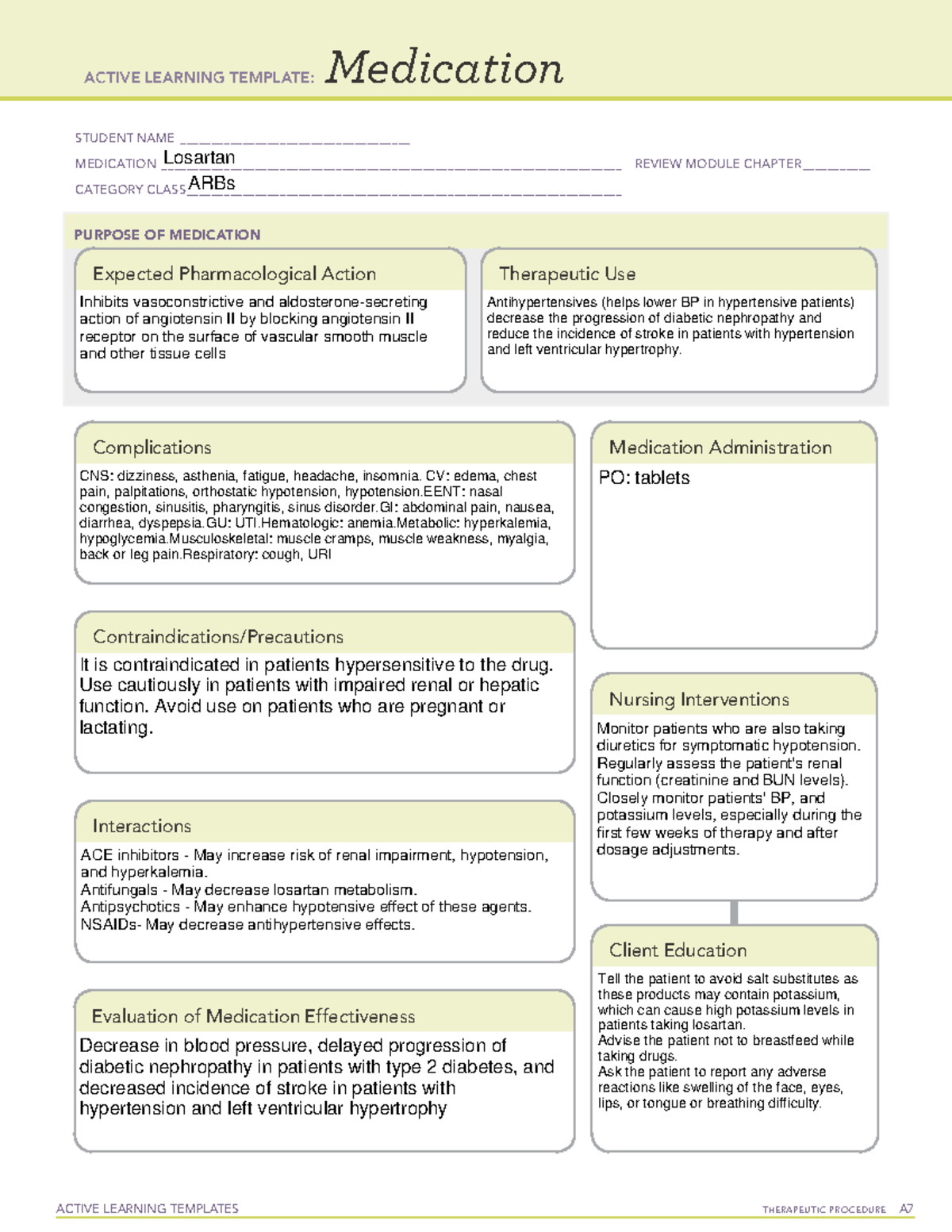 Losartan - cardiac meds - ACTIVE LEARNING TEMPLATES TherapeuTic ...