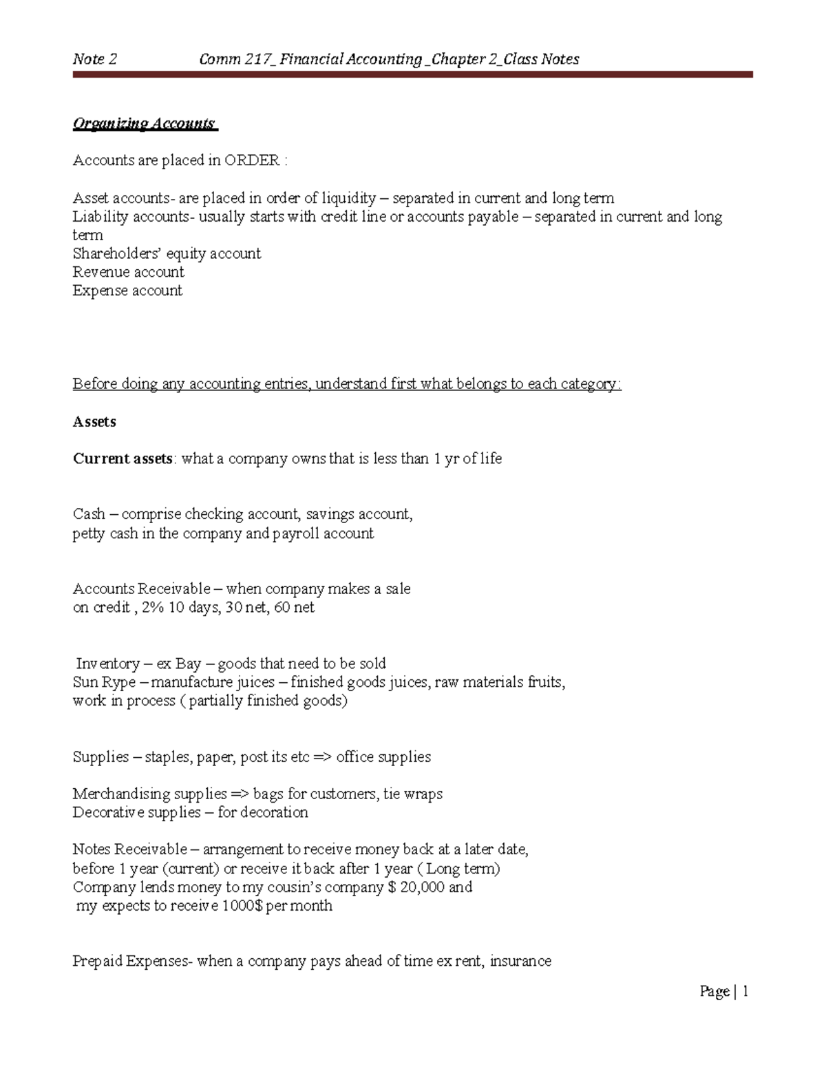 Class 2 Comm 217 Notes Fall 2021 - Organizing Accounts Accounts are ...