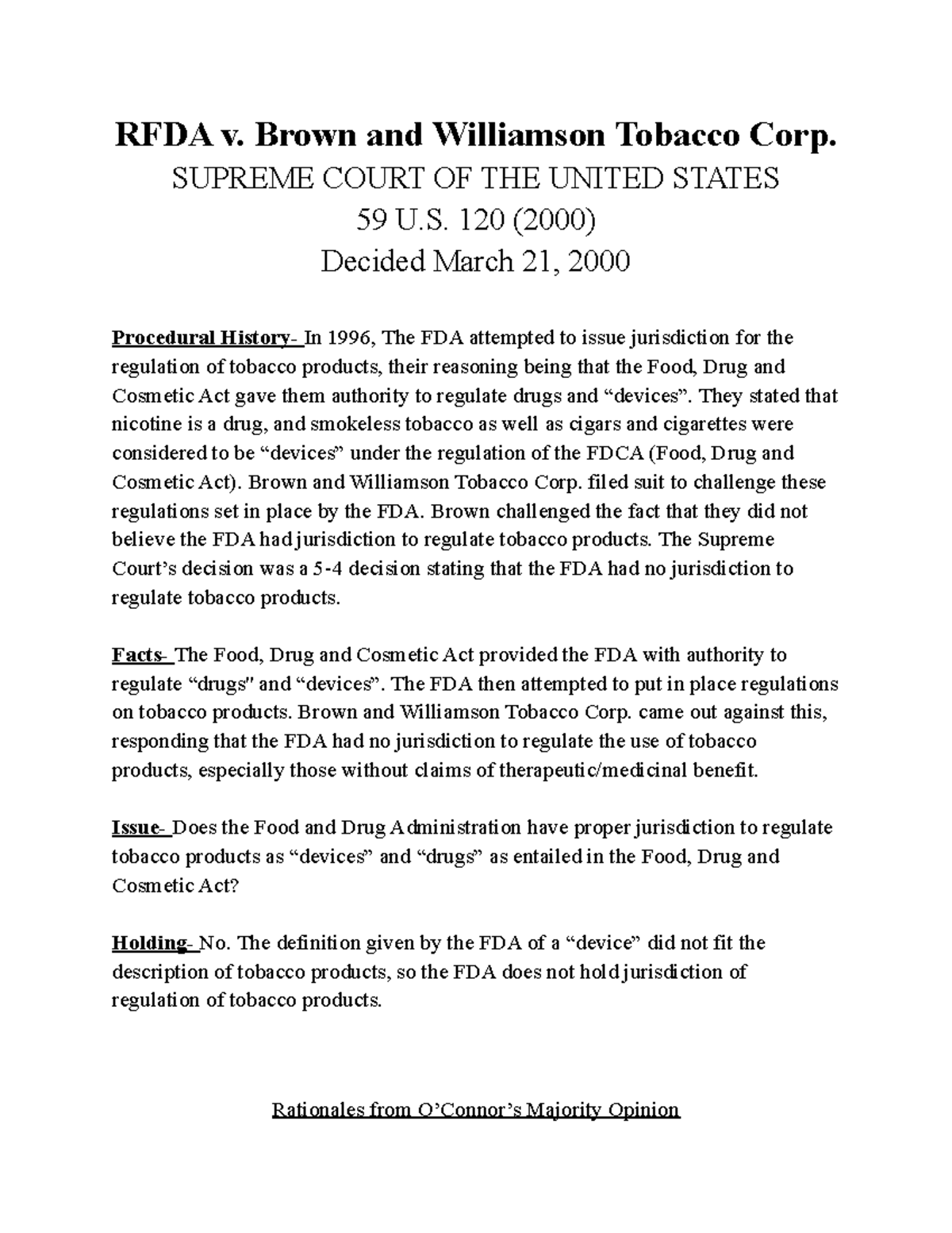 Chapter 4 Case Brief RFDA v. Brown and Williamson Tobacco Corp