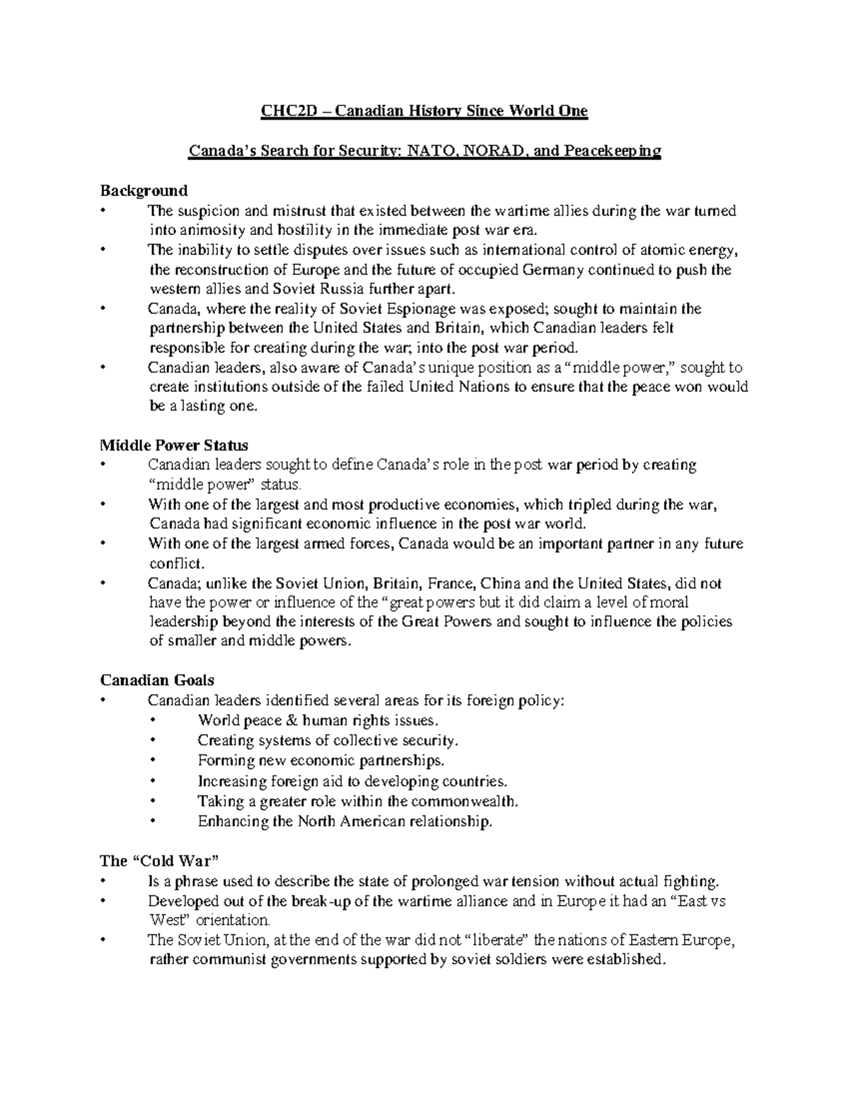 Course Notes 4 - CHC2D – Canadian History Since World One Canada’s ...