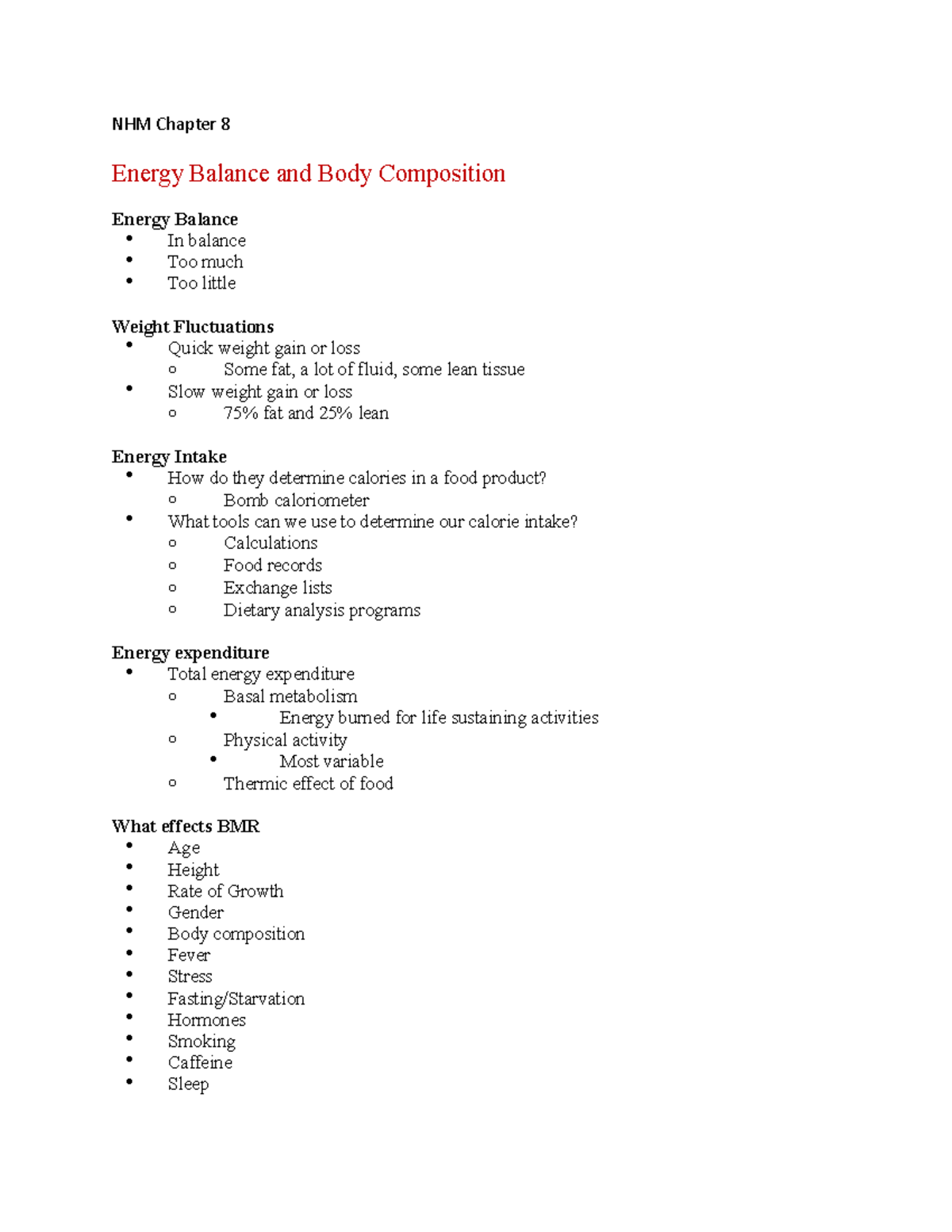 NHM Chapter 8 - Lecture notes 8 - NHM Chapter 8 Energy Balance and Body ...