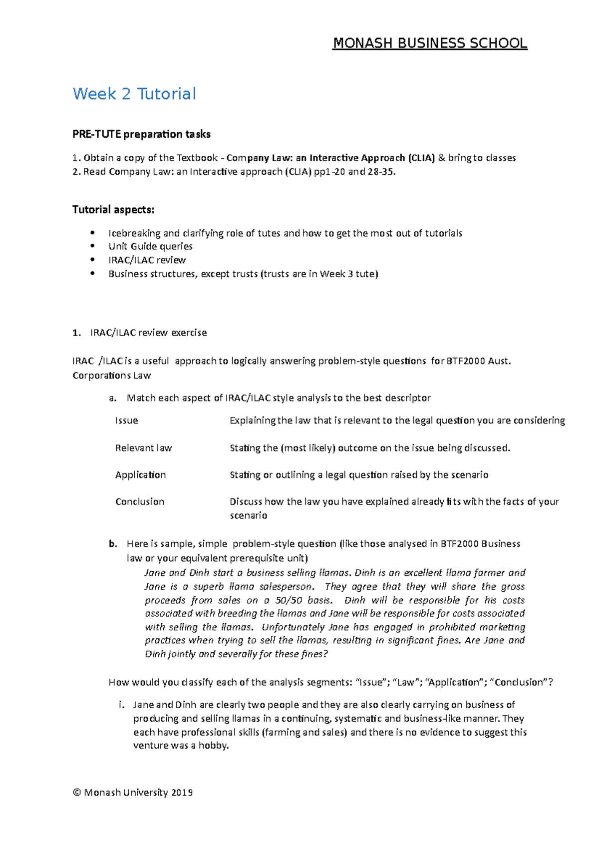 2019 1 1A - Week 2 Tutorial - MONASH BUSINESS SCHOOL Week 2 Tutorial ...