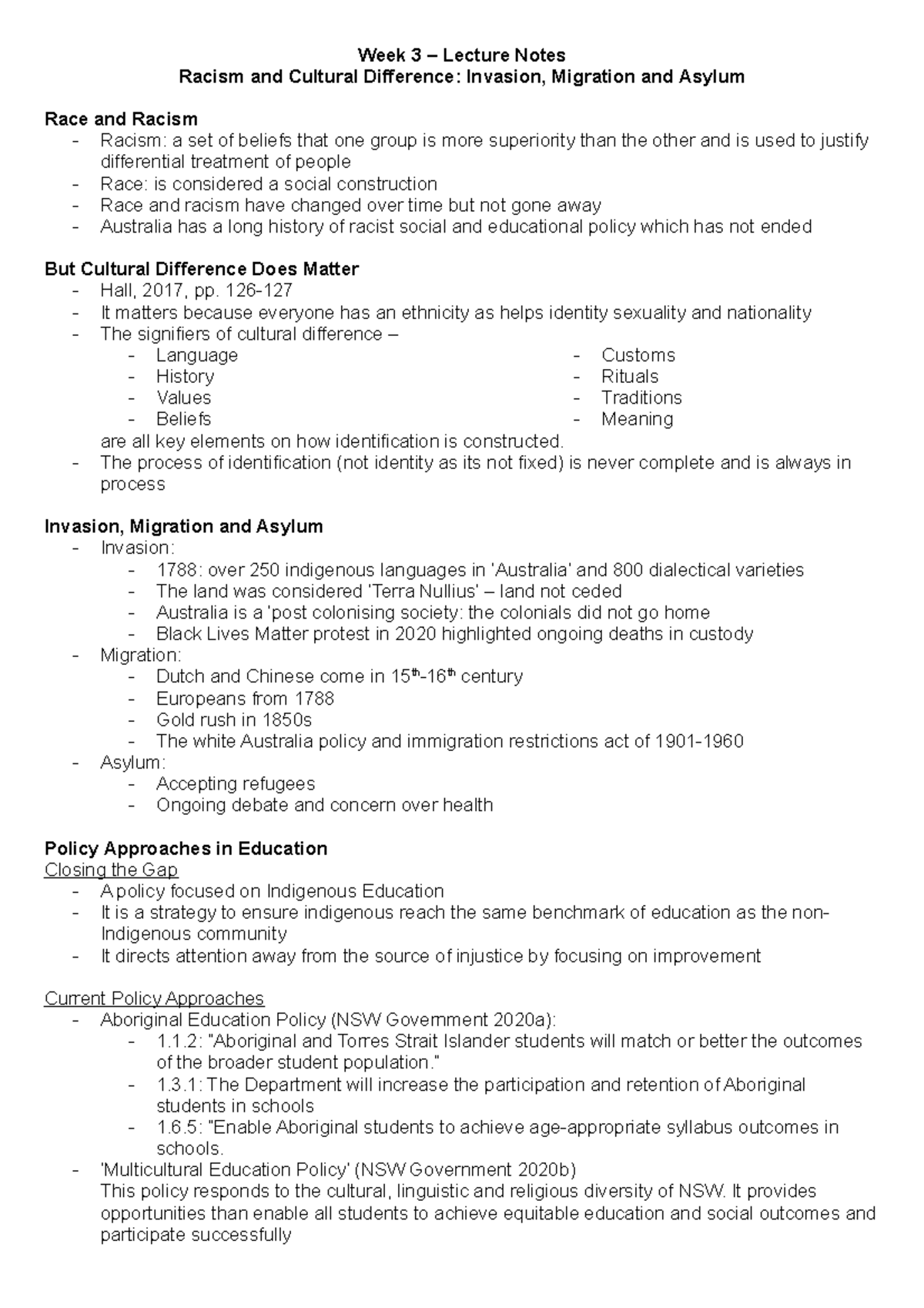 Week 3 Lecture Notes - Week 3 – Lecture Notes Racism and Cultural ...