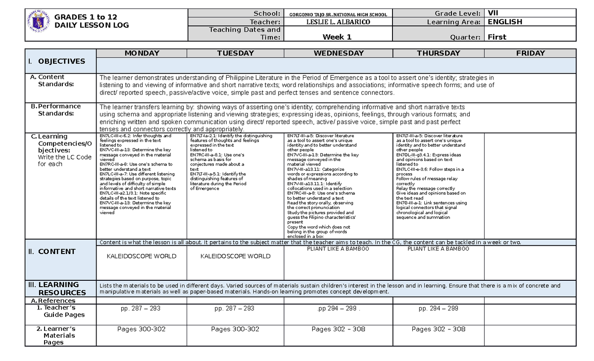 DLL-2nd Quarter Wk10 - Eng 7 - GRADES 1 To 12 DAILY LESSON LOG School ...